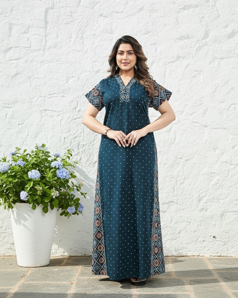 Zairra Women Cotton Nighty – Navy Blue with Ethnic Yoke & Side Panel - Soft Pull-On Maxi Nightwear