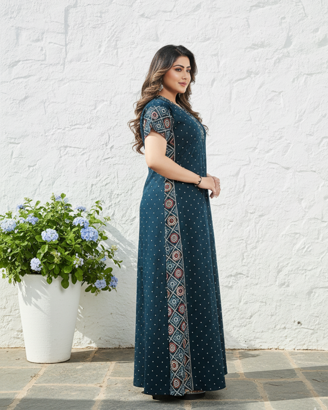 Zairra Women Cotton Nighty – Navy Blue with Ethnic Yoke & Side Panel - Soft Pull-On Maxi Nightwear