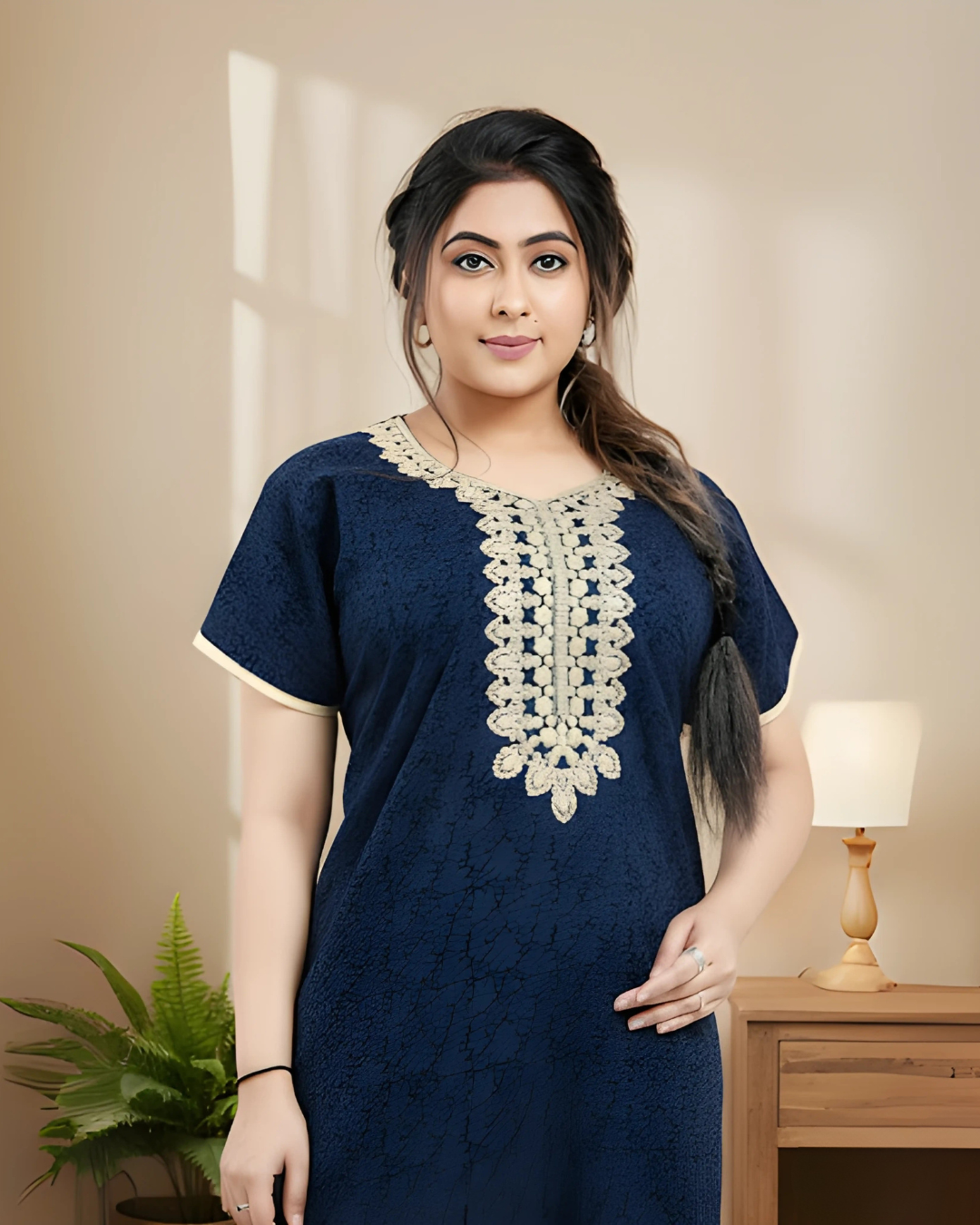 Zairra Blue Embroidered Cotton Nighty for Women – Soft Cotton, Maxi Fit