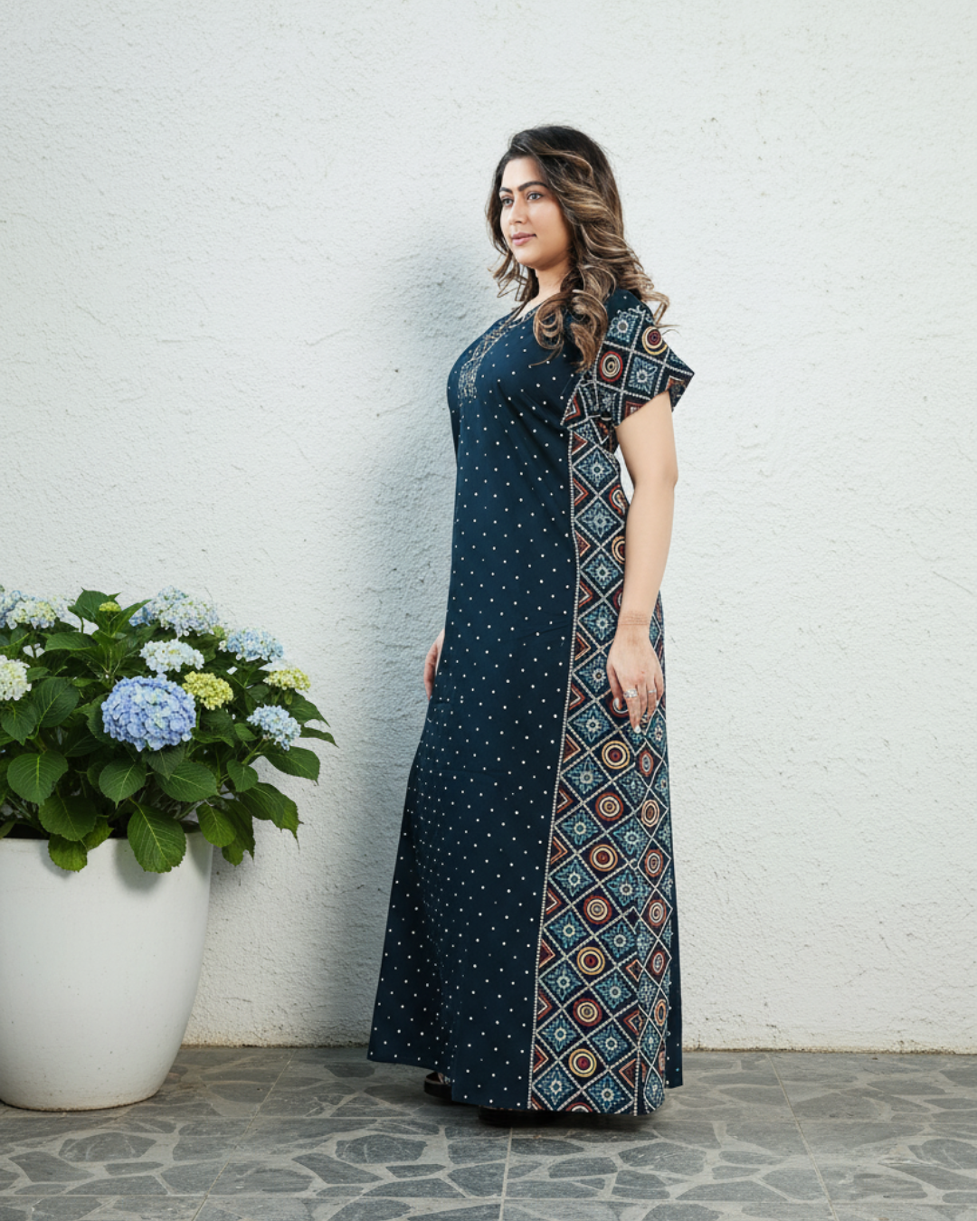 Zairra Women Cotton Nighty – Navy Blue with Ethnic Yoke & Side Panel - Soft Pull-On Maxi Nightwear