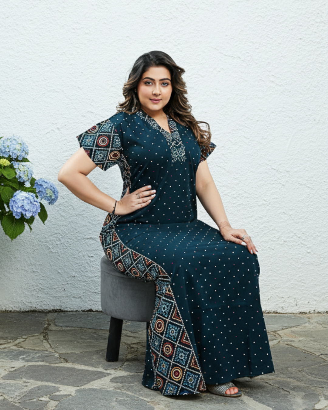 Zairra Women Cotton Nighty – Navy Blue with Ethnic Yoke & Side Panel - Soft Pull-On Maxi Nightwear