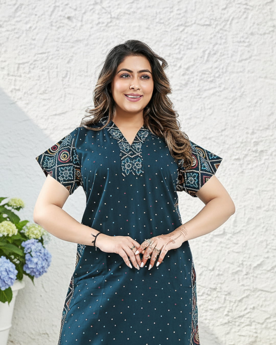 Zairra Women Cotton Nighty – Navy Blue with Ethnic Yoke & Side Panel - Soft Pull-On Maxi Nightwear
