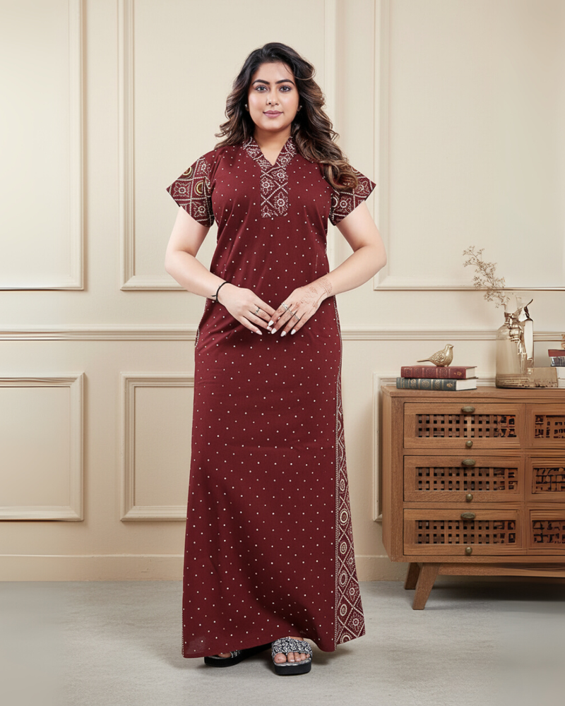 Zairra Women Cotton Nighty – Deep Red Maxi with Ethnic Yoke & Sleeves - Breathable Pull-On Nightwear