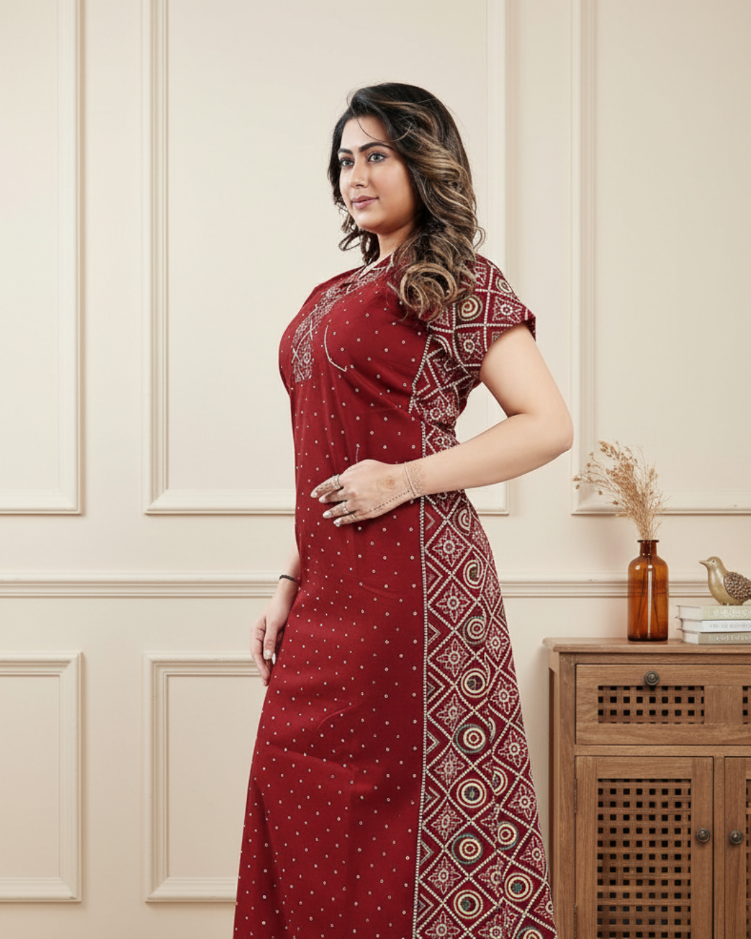 Zairra Women Cotton Nighty – Deep Red Maxi with Ethnic Yoke & Sleeves - Breathable Pull-On Nightwear