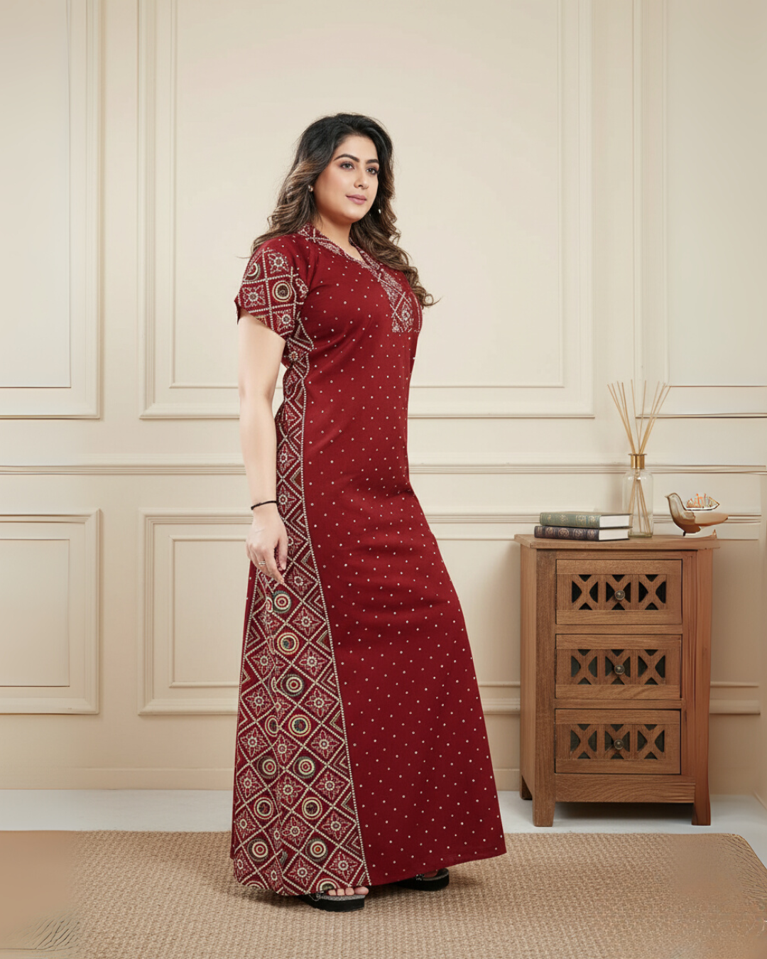 Zairra Women Cotton Nighty – Deep Red Maxi with Ethnic Yoke & Sleeves - Breathable Pull-On Nightwear