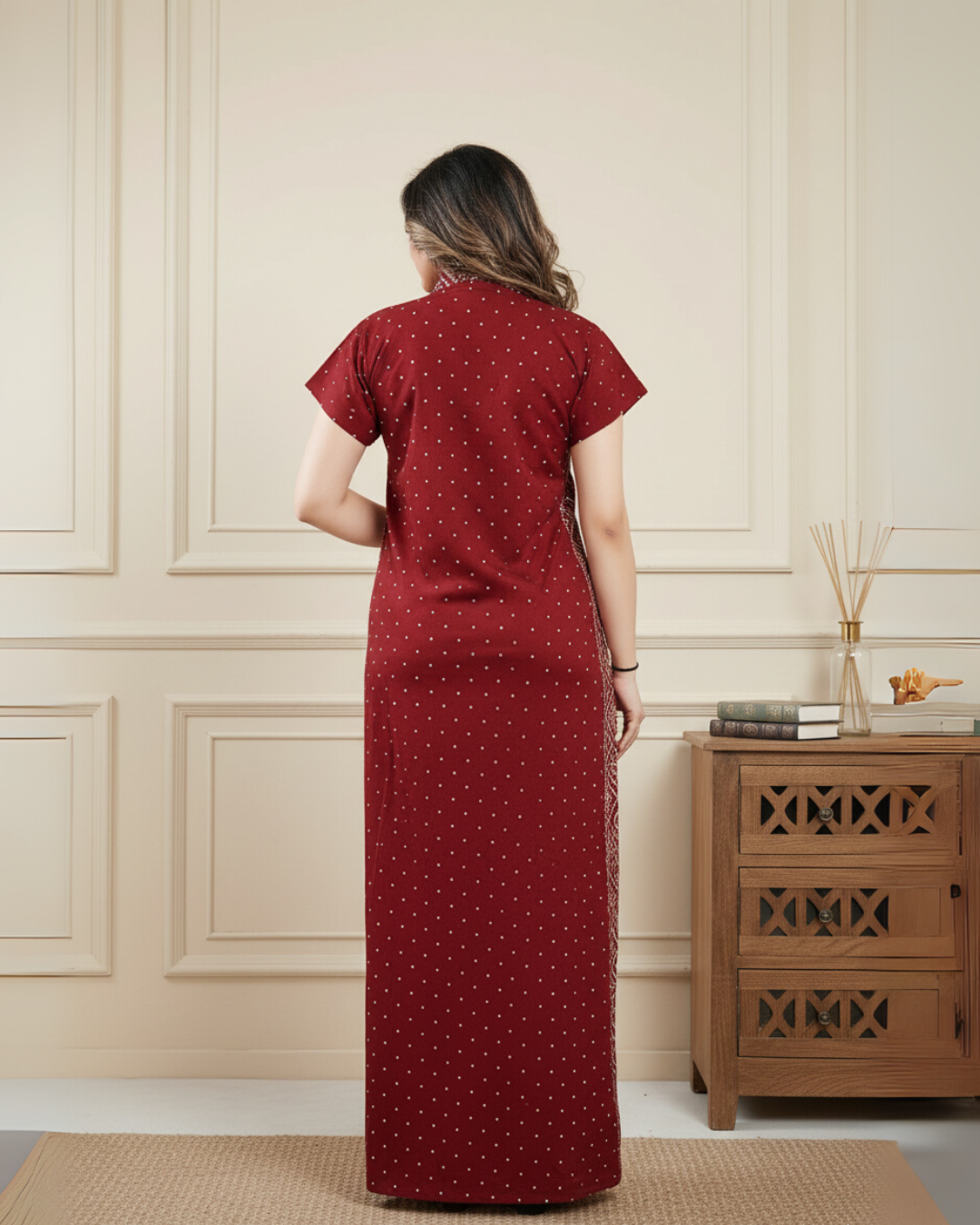 Zairra Women Cotton Nighty – Deep Red Maxi with Ethnic Yoke & Sleeves - Breathable Pull-On Nightwear