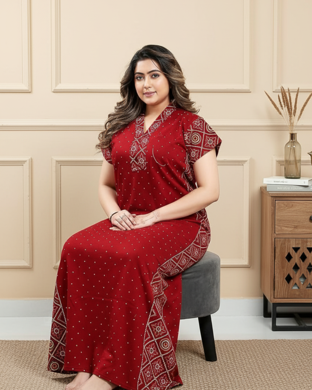 Zairra Women Cotton Nighty – Deep Red Maxi with Ethnic Yoke & Sleeves - Breathable Pull-On Nightwear