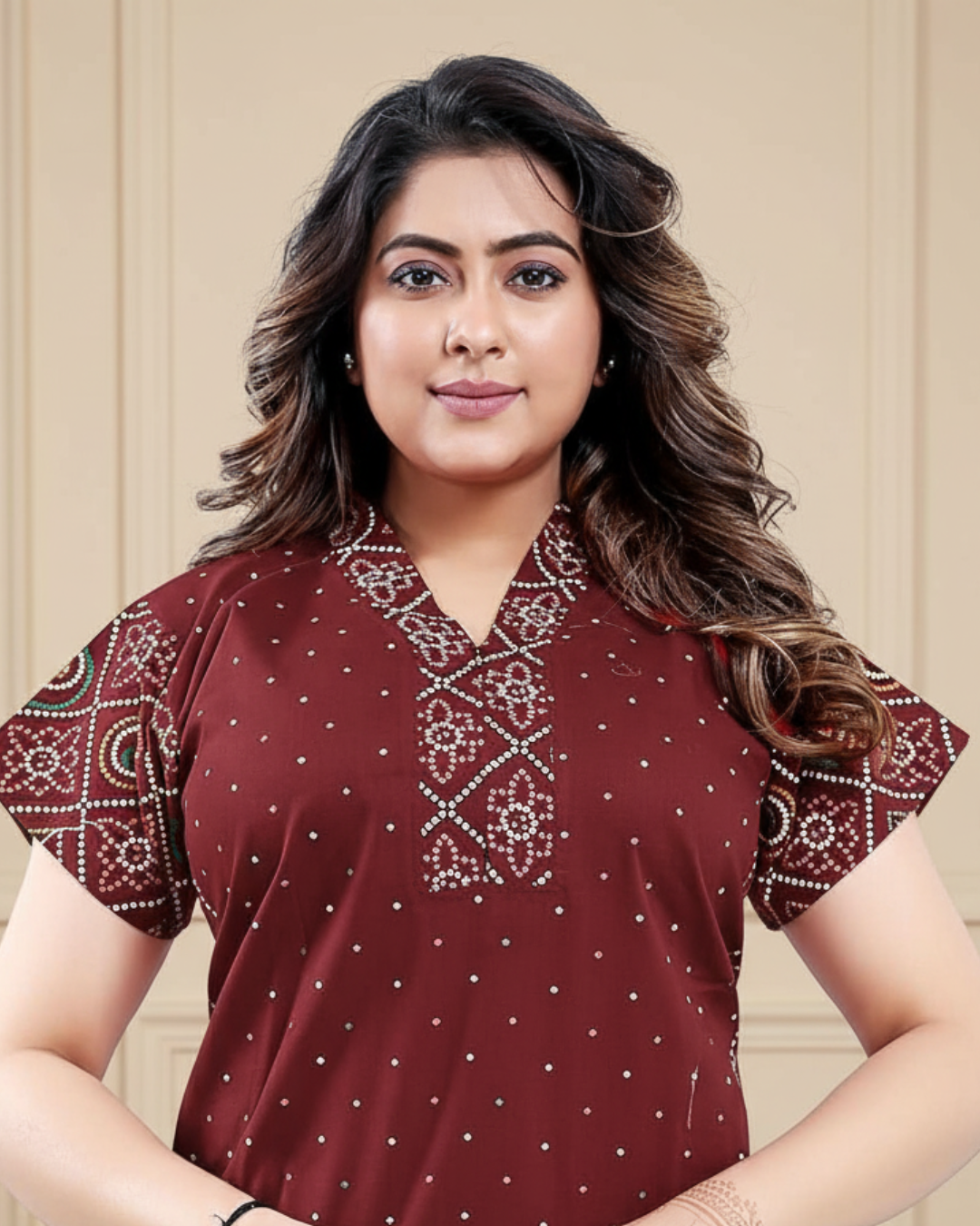 Zairra Women Cotton Nighty – Deep Red Maxi with Ethnic Yoke & Sleeves - Breathable Pull-On Nightwear