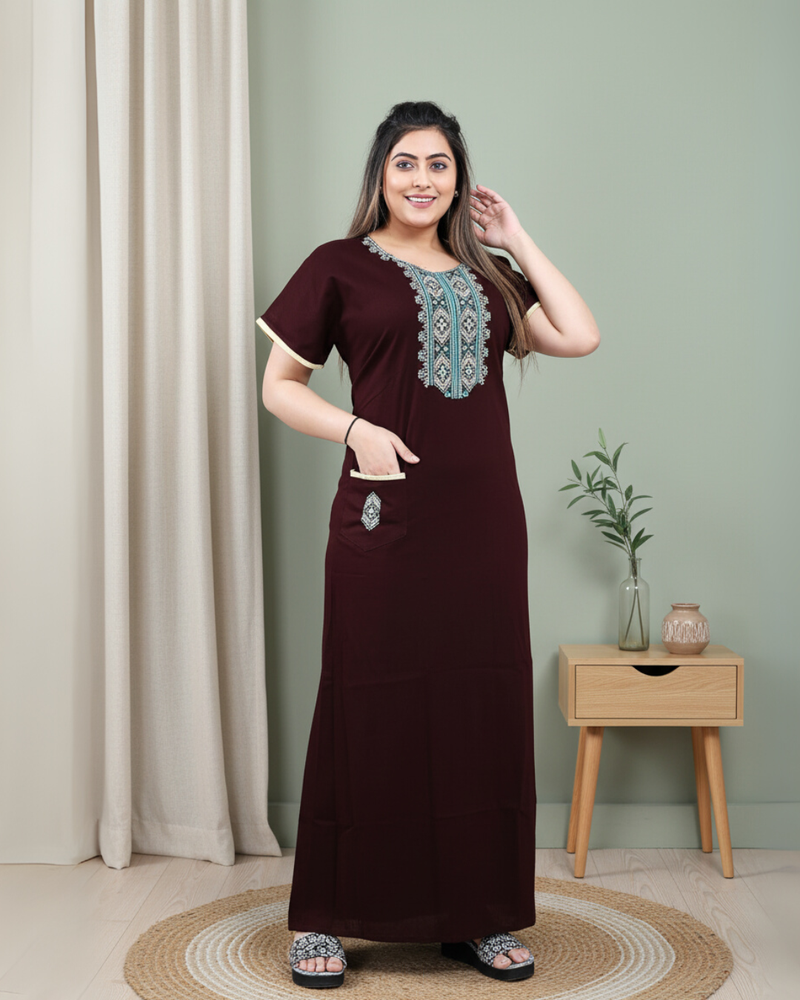 Zairra Women’s Cotton Printed Nightgown with Pocket – Maroon Embroidered Maxi Sleepwear