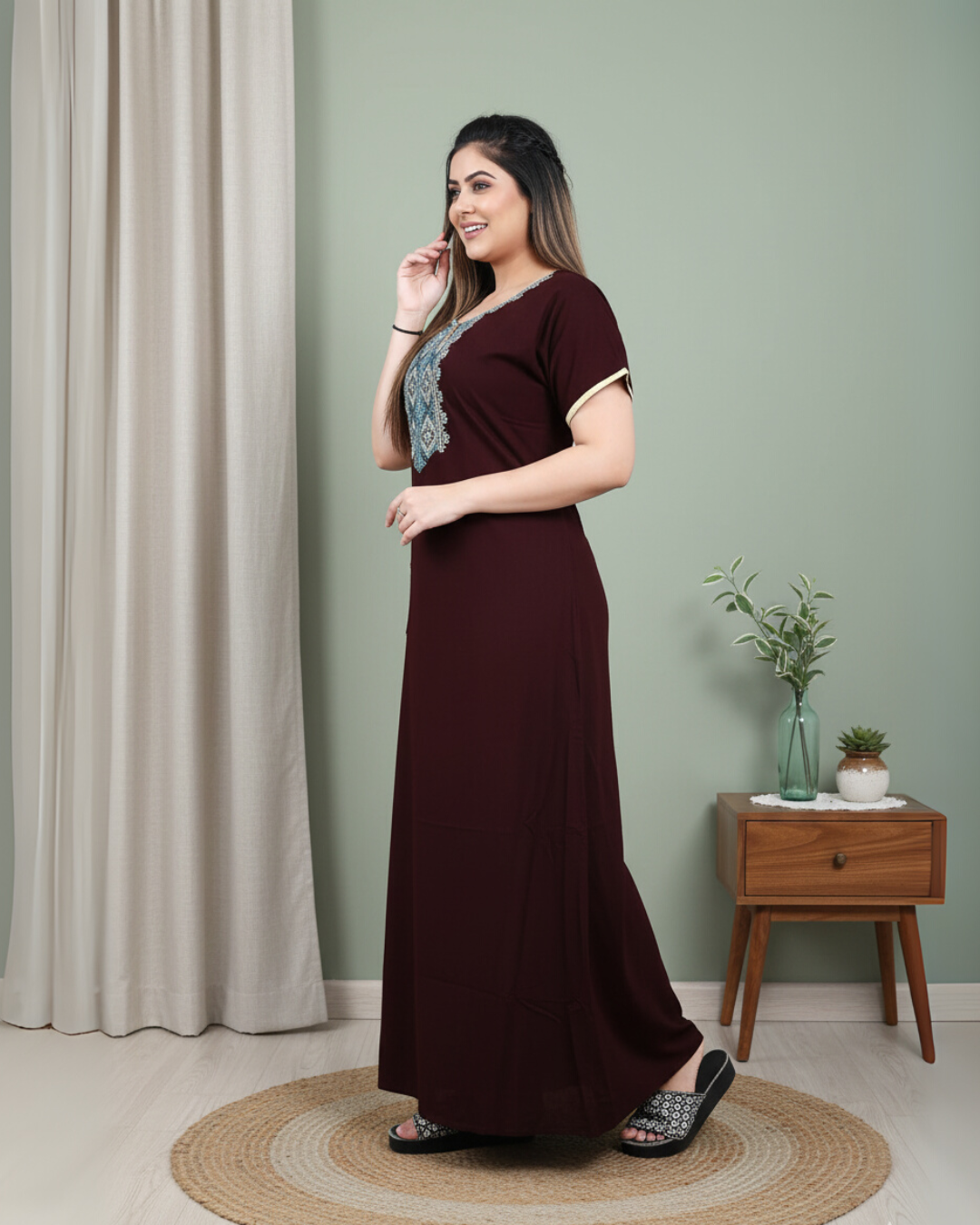 Zairra Women’s Cotton Printed Nightgown with Pocket – Maroon Embroidered Maxi Sleepwear