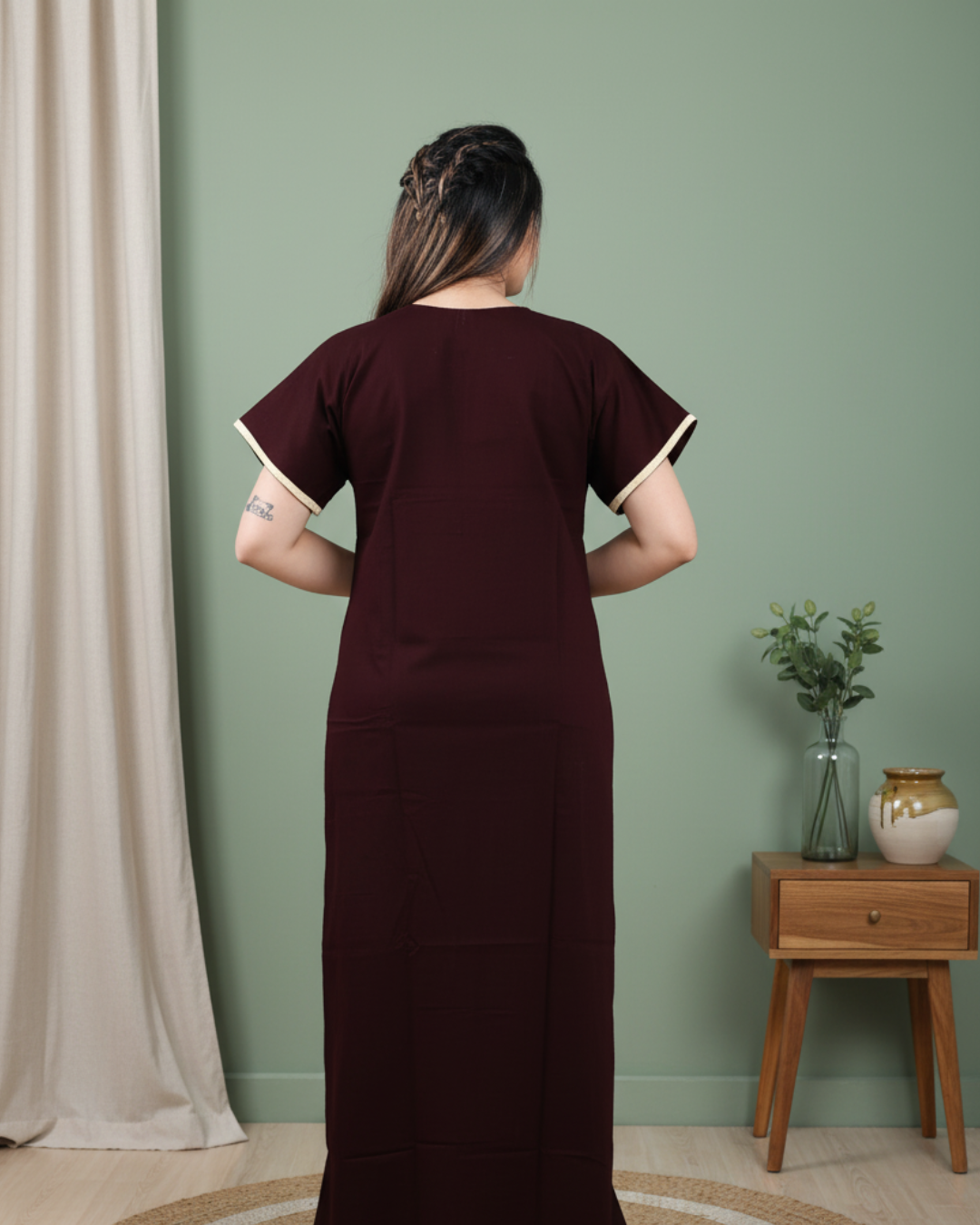 Zairra Women’s Cotton Printed Nightgown with Pocket – Maroon Embroidered Maxi Sleepwear