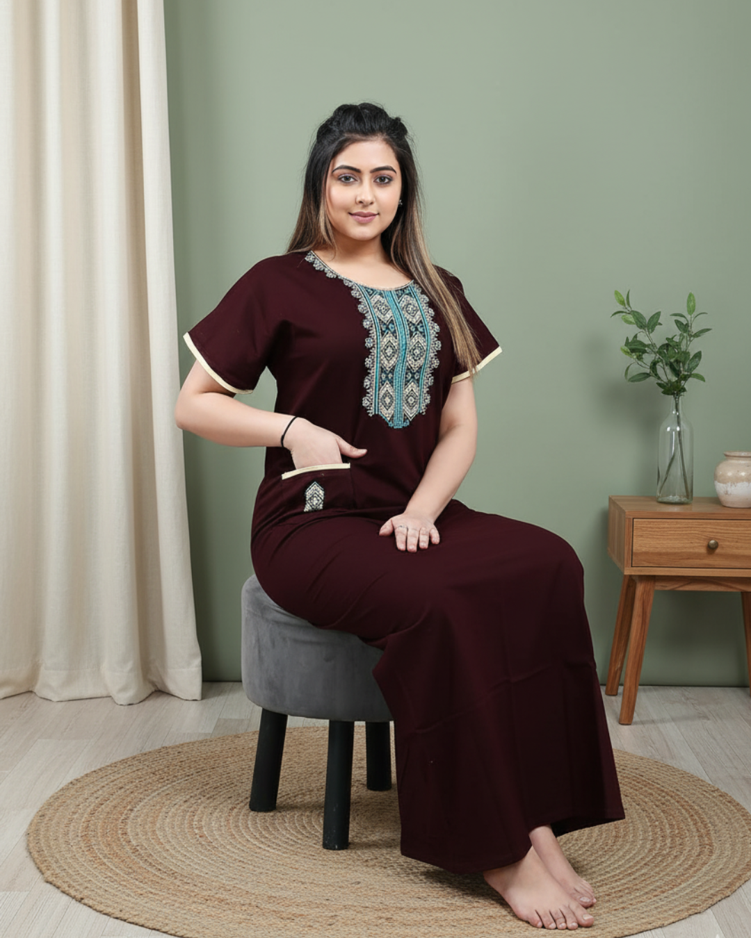 Zairra Women’s Cotton Printed Nightgown with Pocket – Maroon Embroidered Maxi Sleepwear