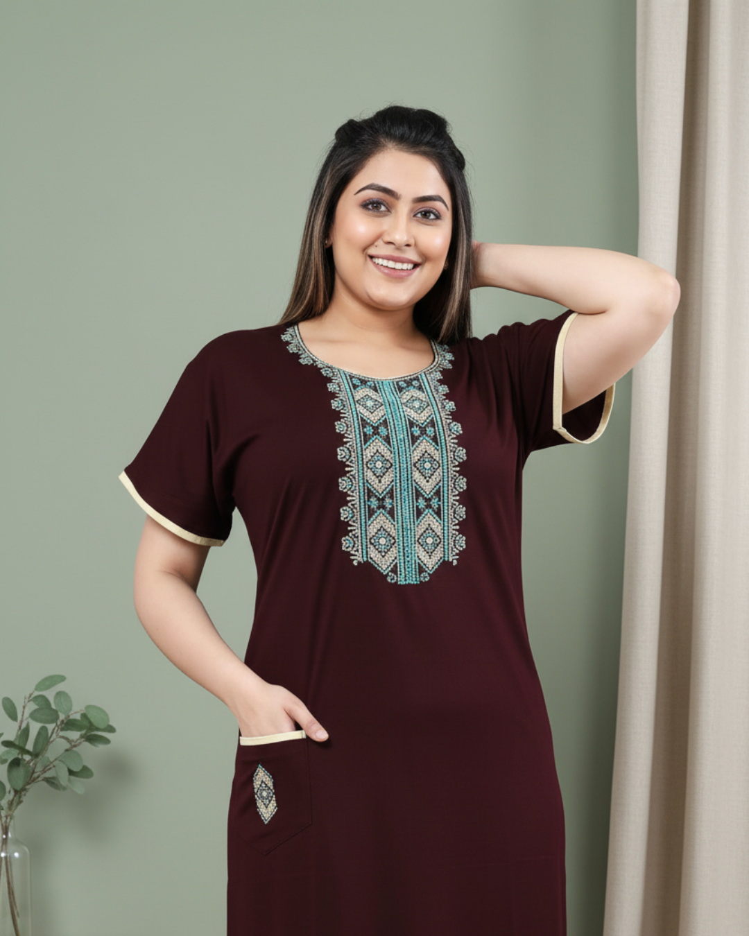 Zairra Women’s Cotton Printed Nightgown with Pocket – Maroon Embroidered Maxi Sleepwear