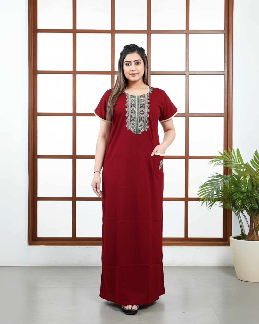 Zairra Women’s Cotton Embroidered Nightgown with Pocket – Elegant Red Maxi Sleepwear
