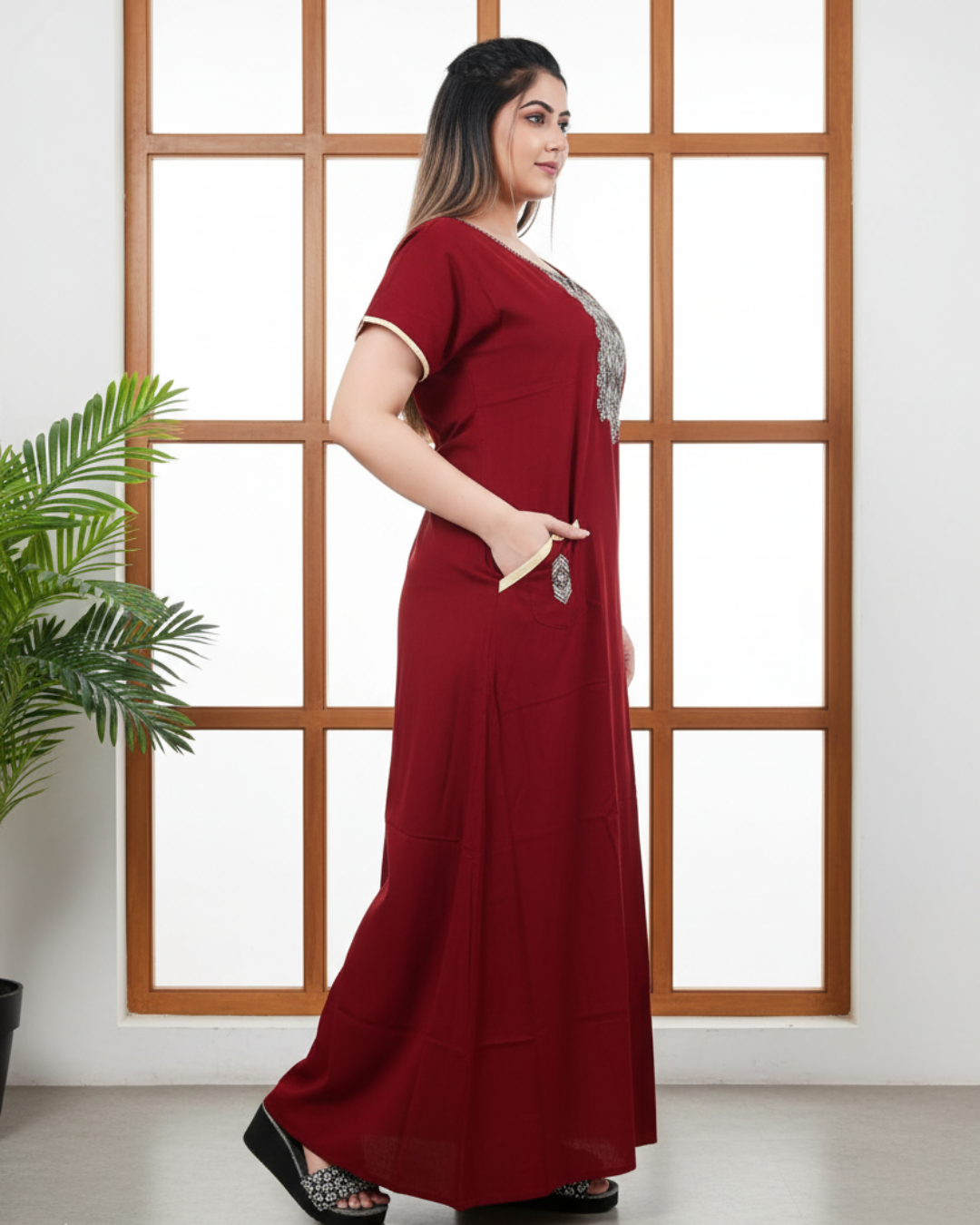 Zairra Women’s Cotton Embroidered Nightgown with Pocket – Elegant Red Maxi Sleepwear