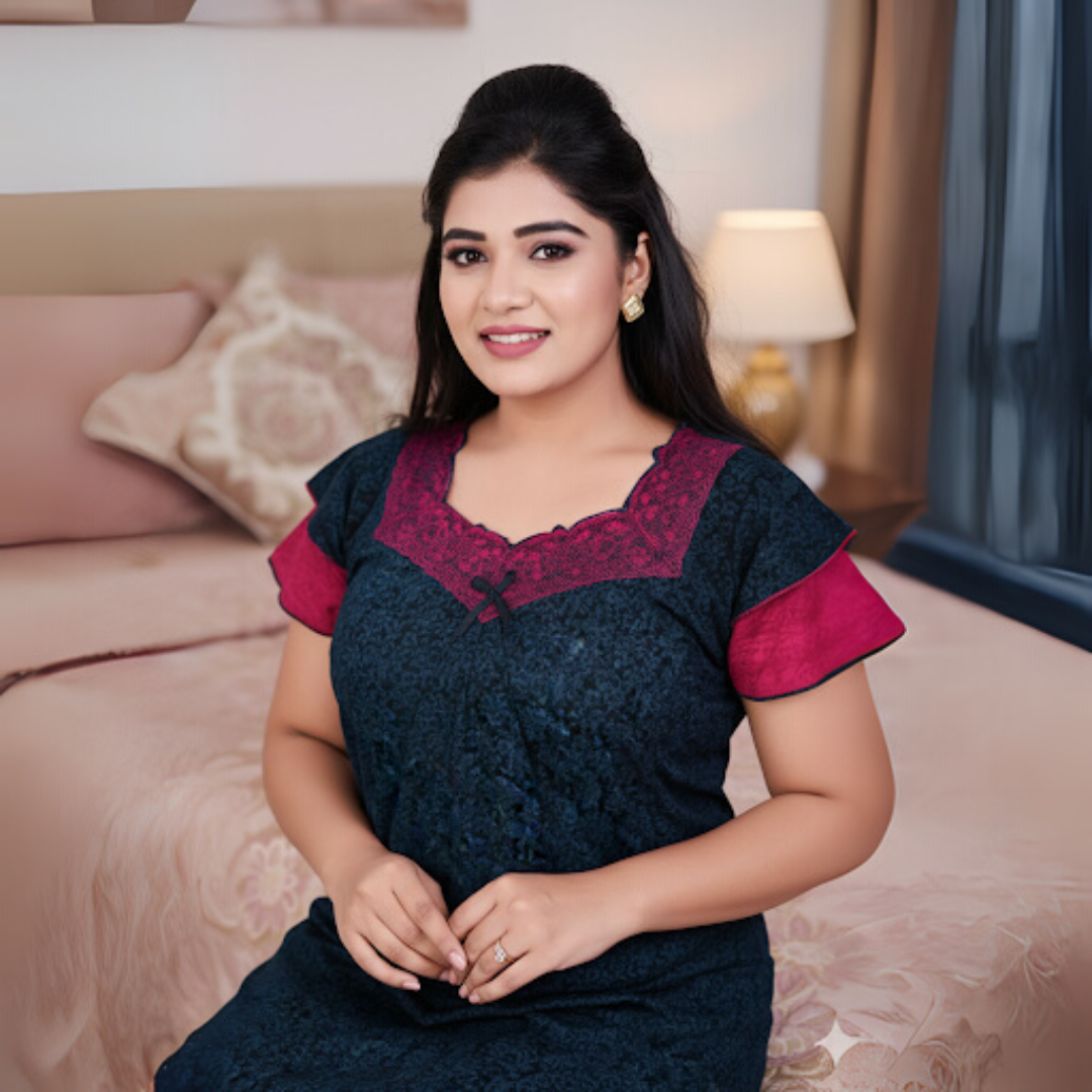 Zairra Embroidered Cotton Full-Length Nightgown for Women – Blue with Magenta Yoke and Frill Sleeves, Free Size