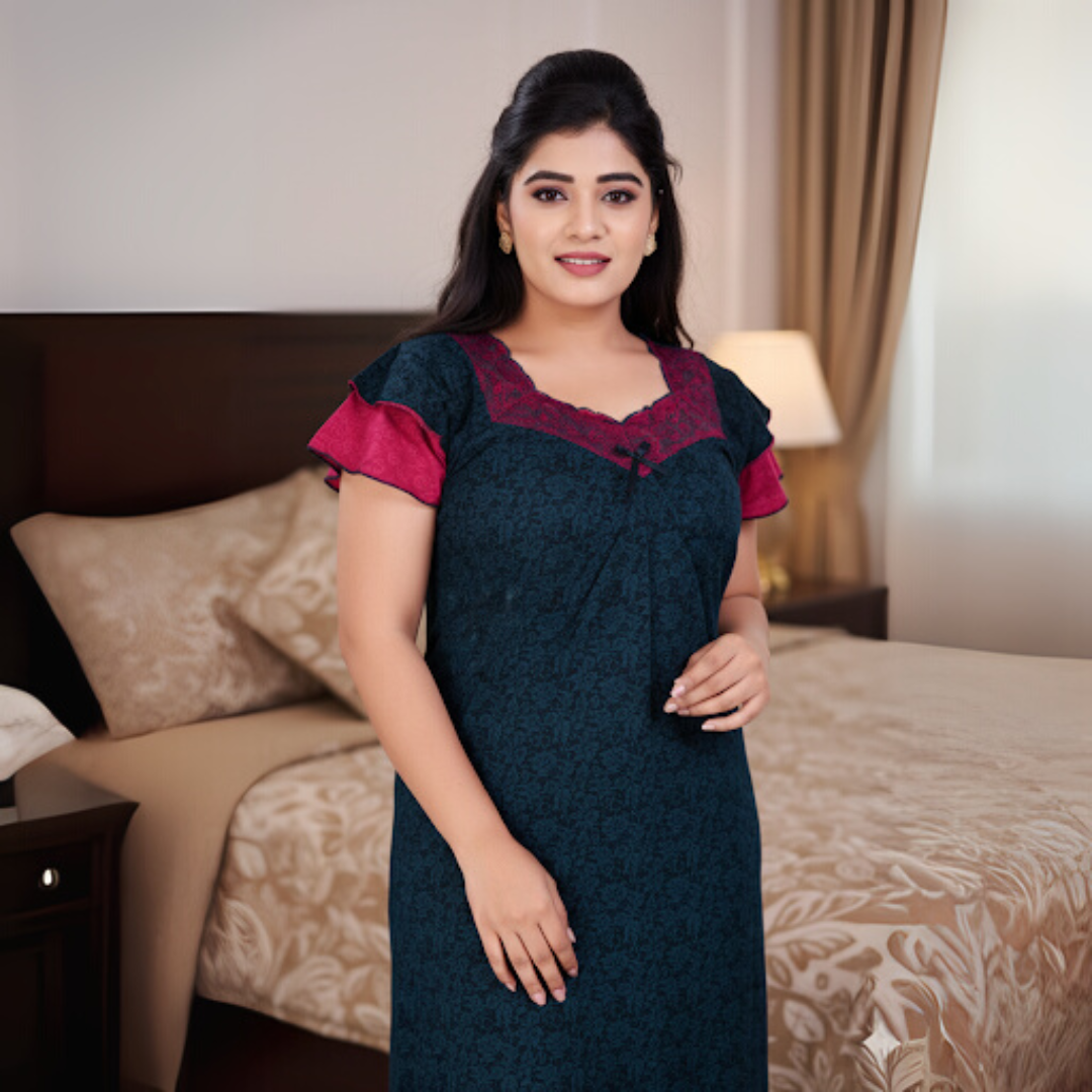 Zairra Embroidered Cotton Full-Length Nightgown for Women – Blue with Magenta Yoke and Frill Sleeves, Free Size