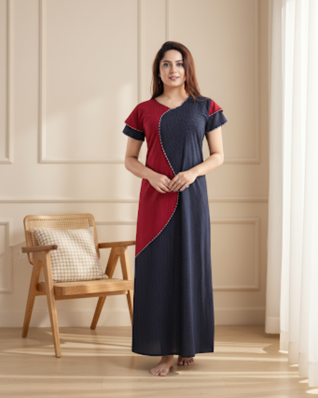 Zairra Women’s Cotton Printed Maxi Nightgown – Dual Tone Comfort in Navy & Maroon