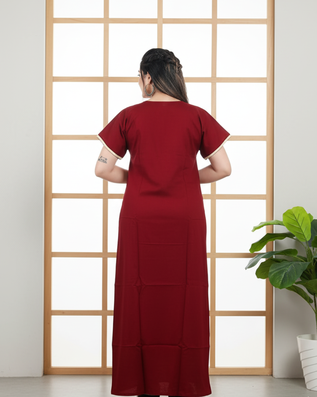 Zairra Women’s Cotton Embroidered Nightgown with Pocket – Elegant Red Maxi Sleepwear