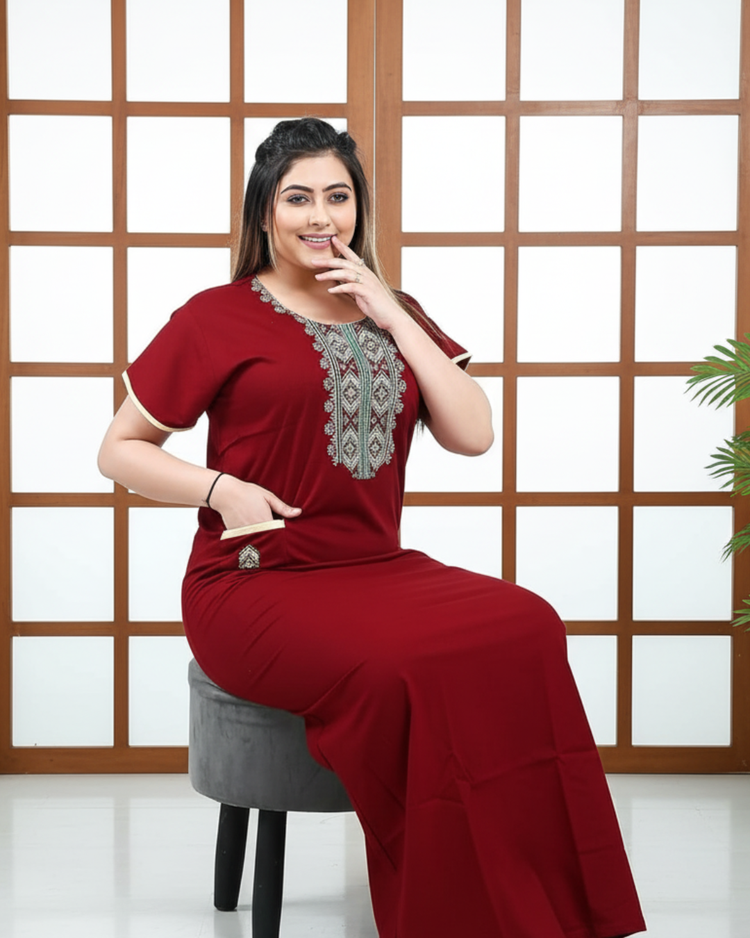 Zairra Women’s Cotton Embroidered Nightgown with Pocket – Elegant Red Maxi Sleepwear