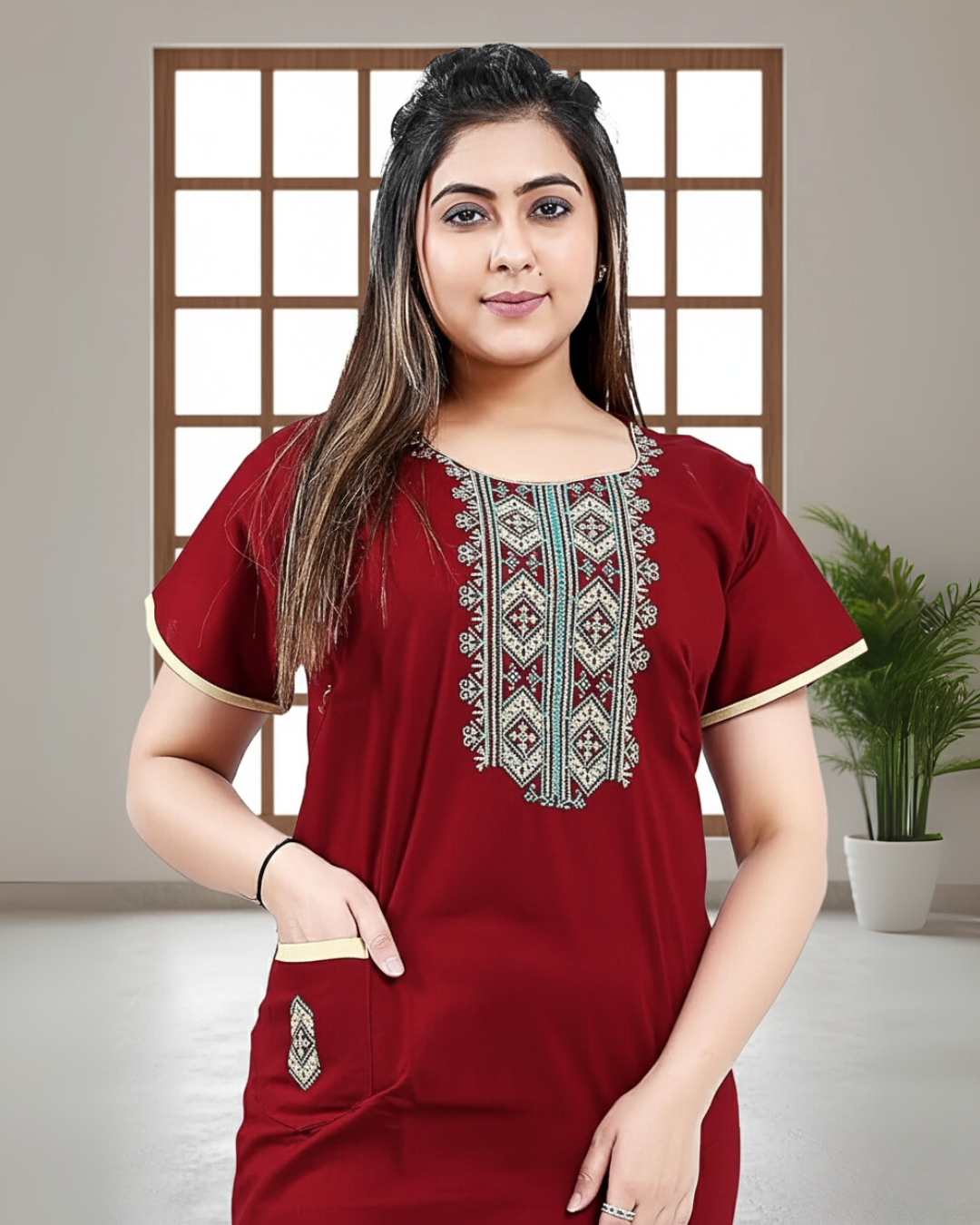 Zairra Women’s Cotton Embroidered Nightgown with Pocket – Elegant Red Maxi Sleepwear