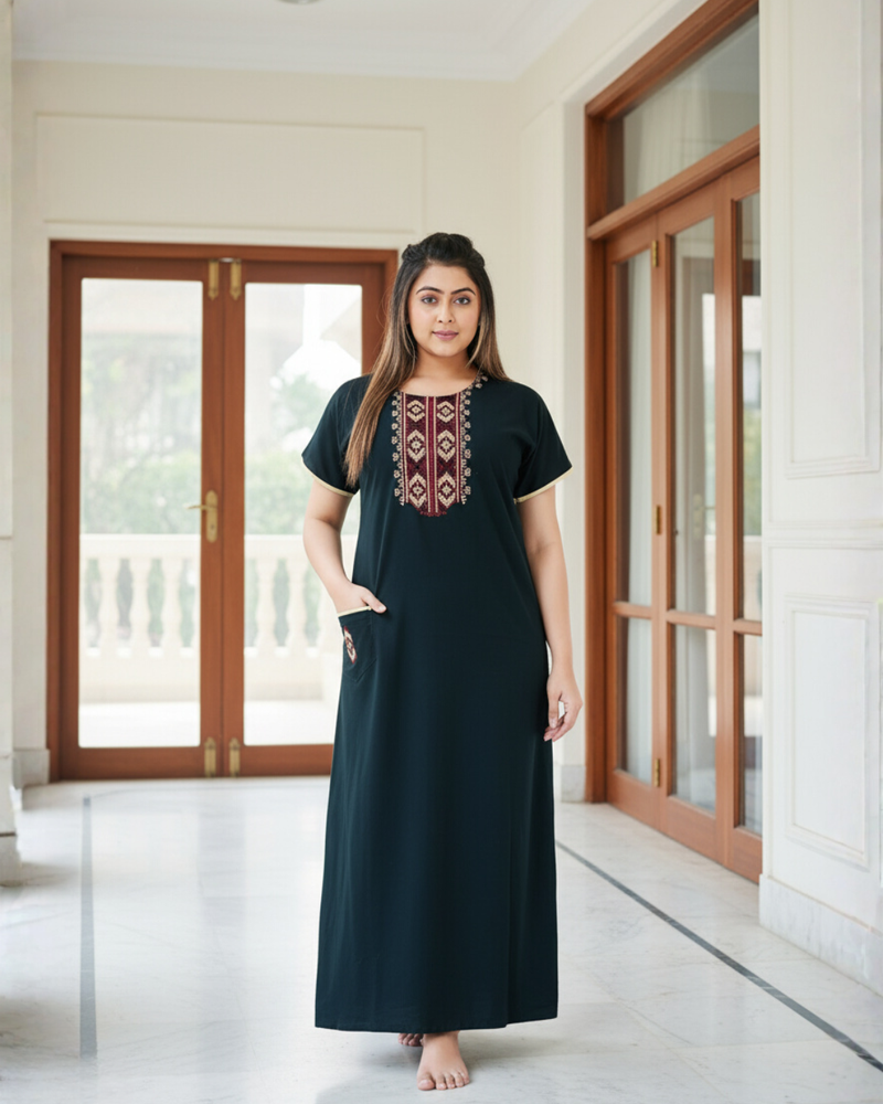 Zairra Women’s Cotton Embroidered Nightgown with Pocket – Navy Blue Maxi Sleepwear