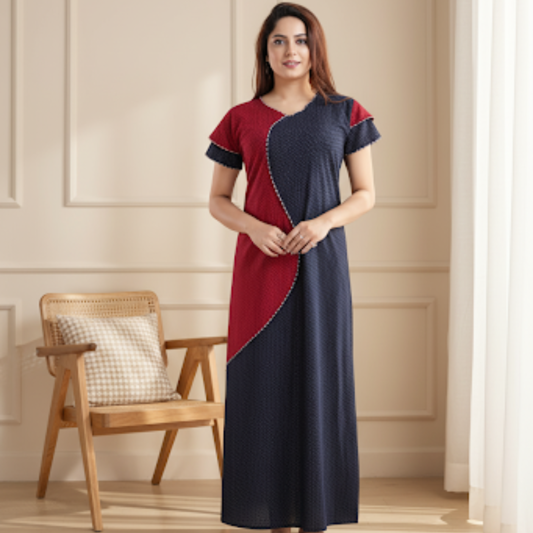 Zairra Women’s Cotton Printed Maxi Nightgown – Dual Tone Comfort in Navy & Maroon