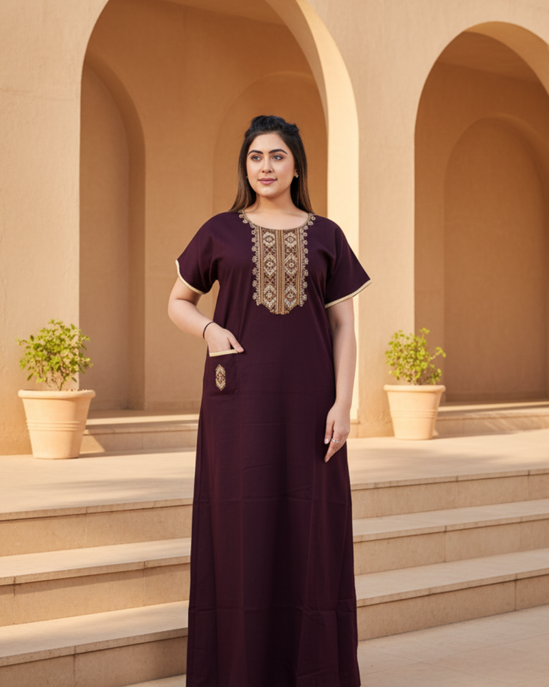 Zairra Women’s Cotton Embroidered Nightgown with Pocket – Deep Wine Maxi Sleepwear