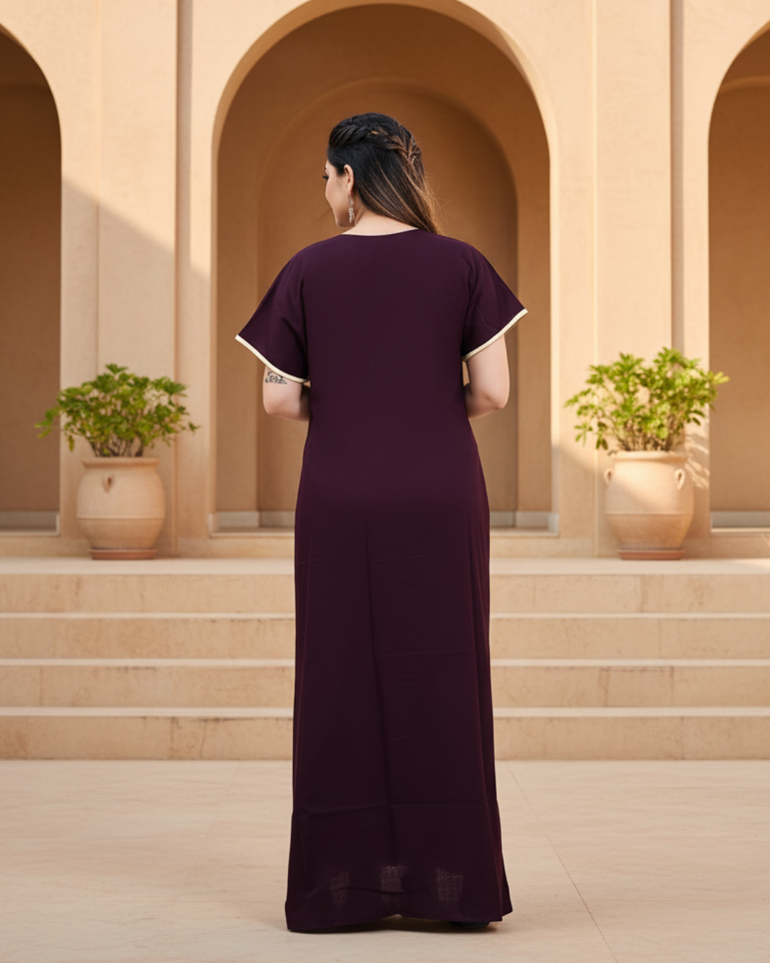 Zairra Women’s Cotton Embroidered Nightgown with Pocket – Deep Wine Maxi Sleepwear