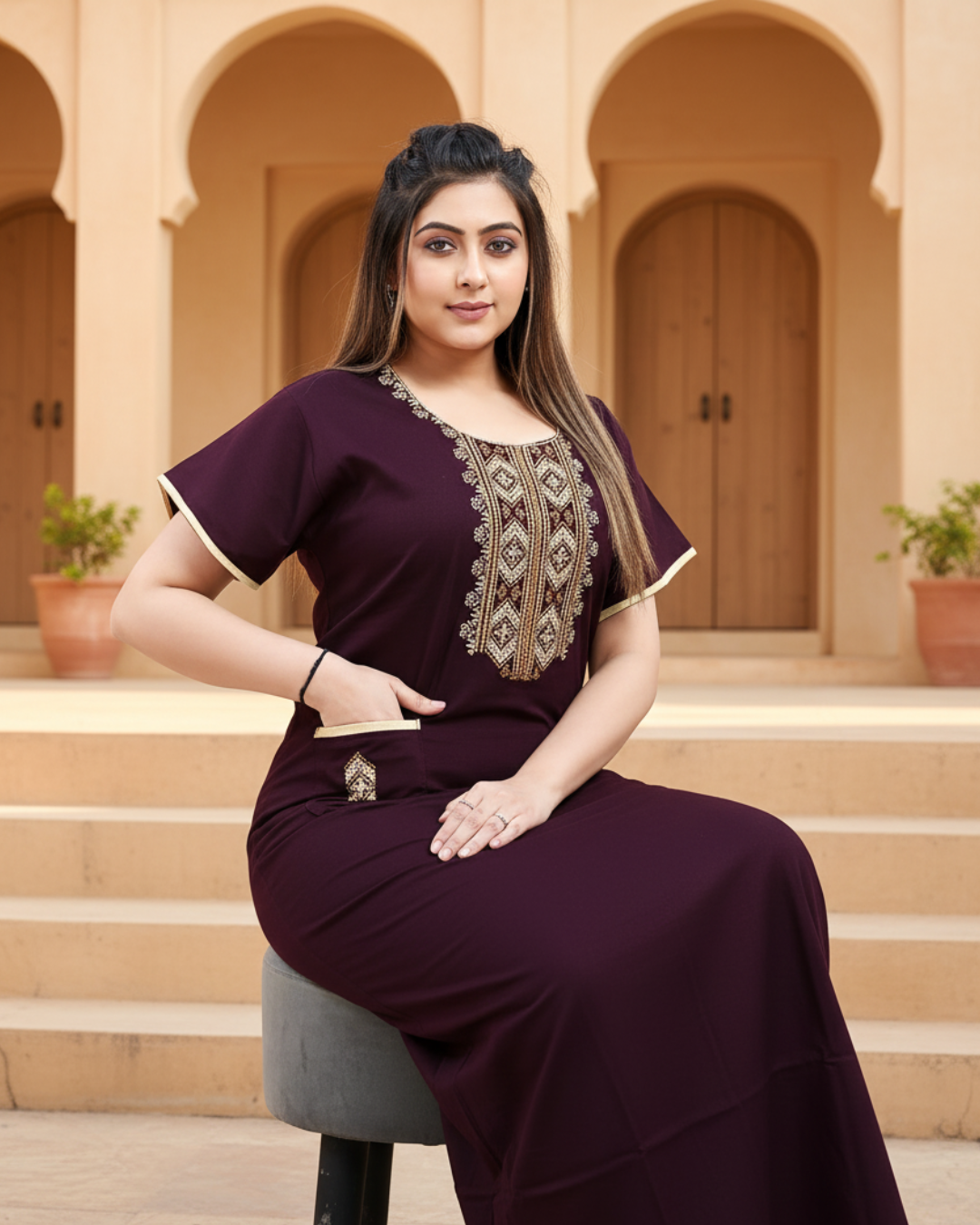 Zairra Women’s Cotton Embroidered Nightgown with Pocket – Deep Wine Maxi Sleepwear