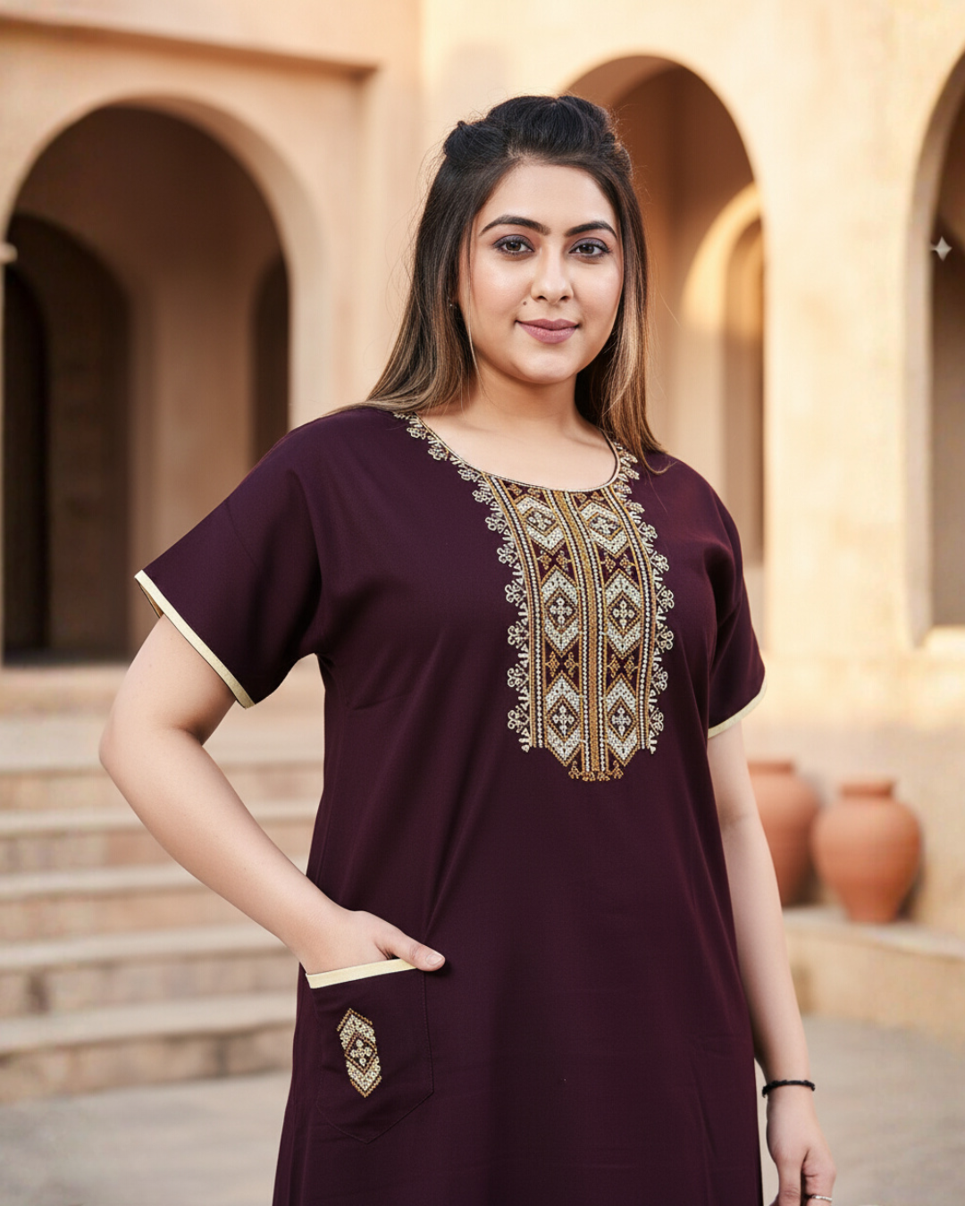 Zairra Women’s Cotton Embroidered Nightgown with Pocket – Deep Wine Maxi Sleepwear