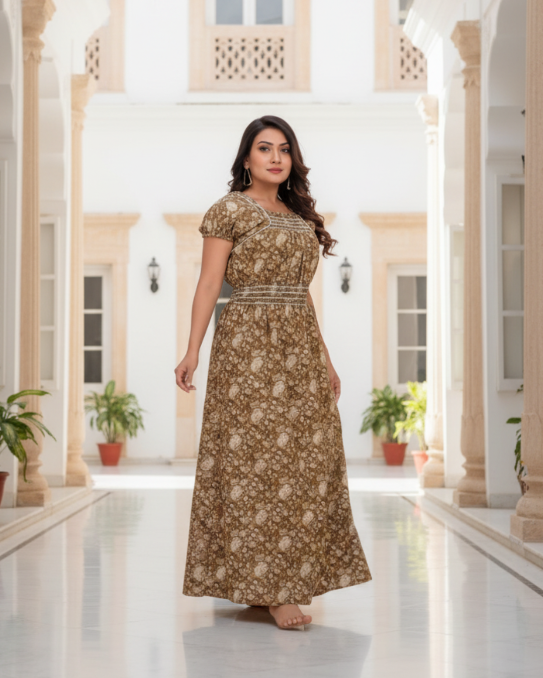 Zairra Women’s Cotton Nightgown – Golden Printed Maxi Sleepwear