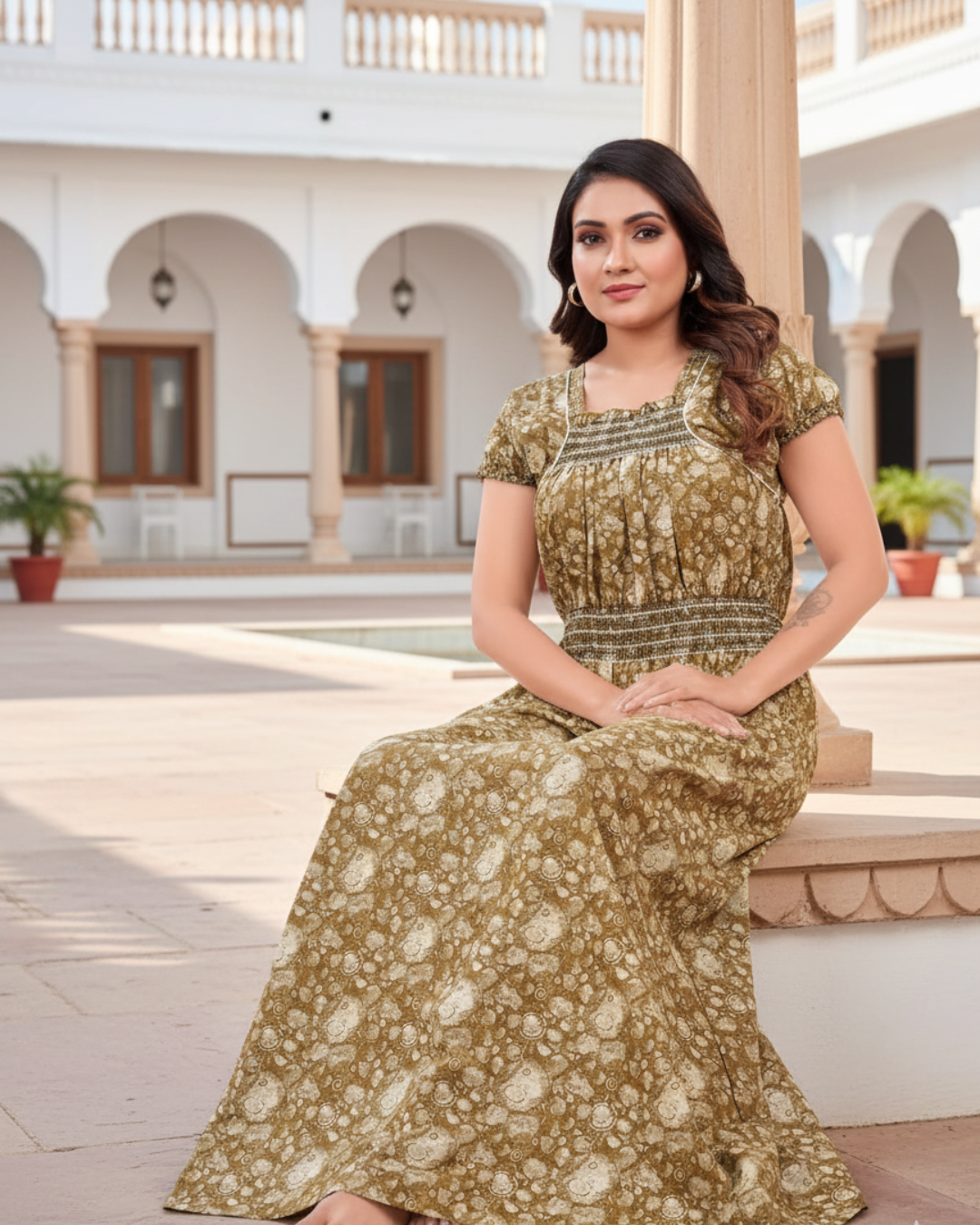 Zairra Women’s Cotton Nightgown – Golden Printed Maxi Sleepwear