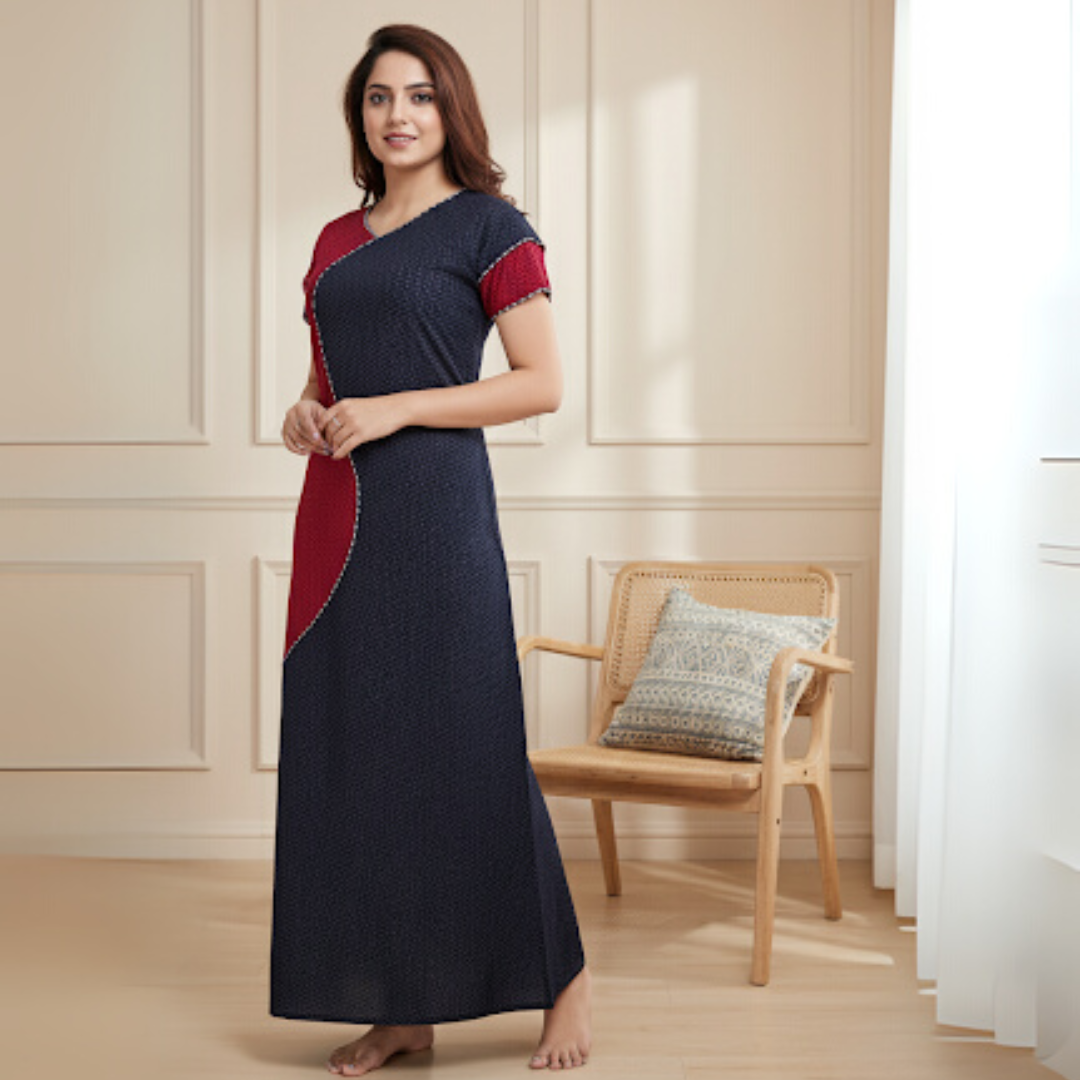 Zairra Women’s Cotton Printed Maxi Nightgown – Dual Tone Comfort in Navy & Maroon