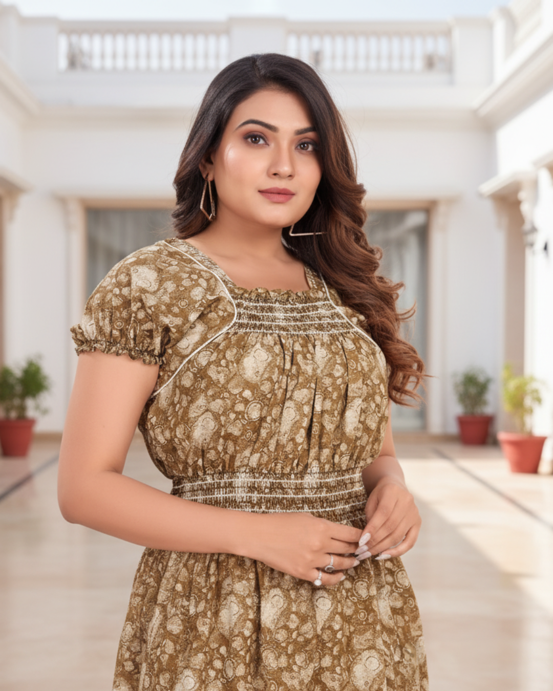 Zairra Women’s Cotton Nightgown – Golden Printed Maxi Sleepwear