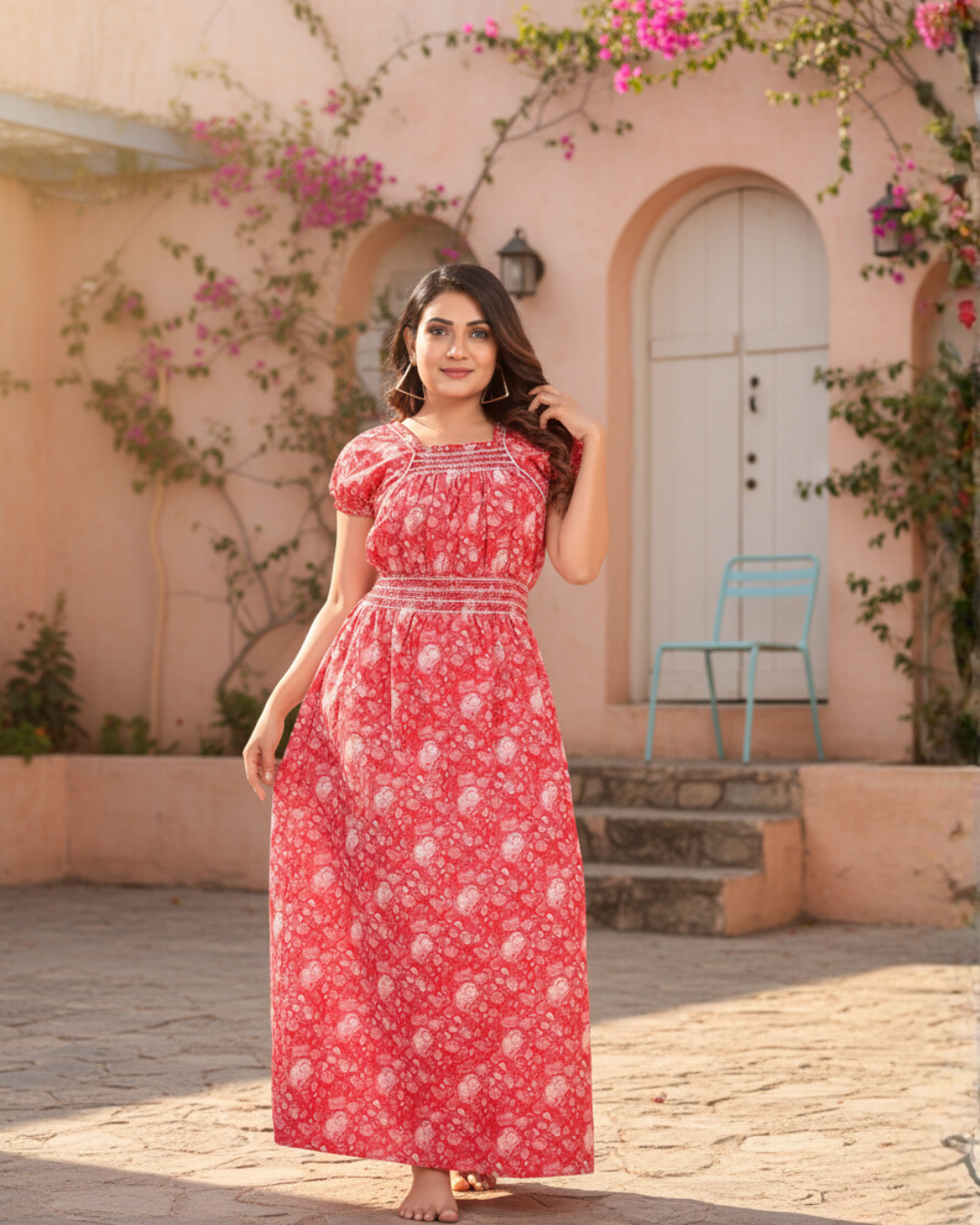 Zairra Women’s Cotton Nightgown – Pink Abstract Printed Maxi Nightwear