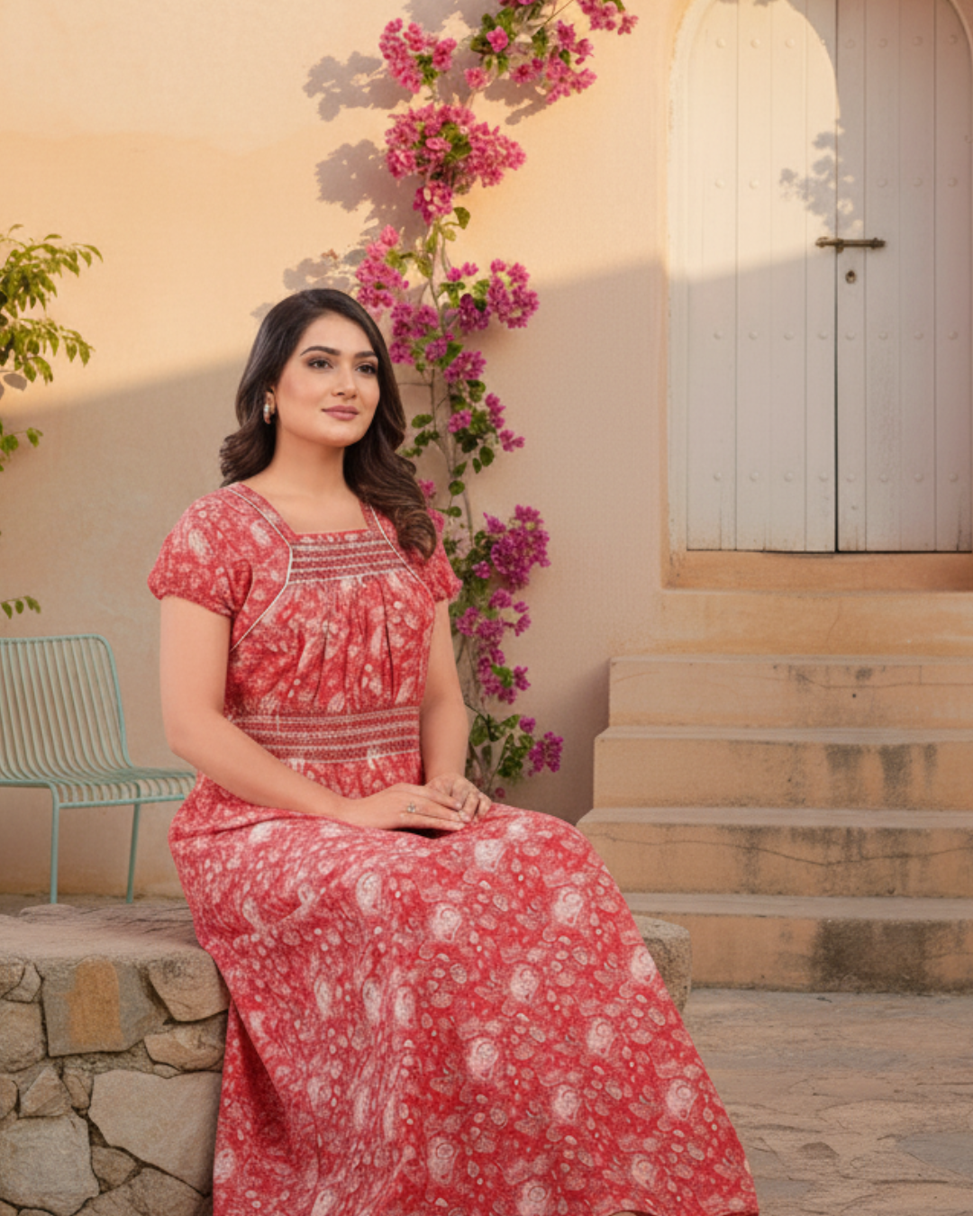 Zairra Women’s Cotton Nightgown – Pink Abstract Printed Maxi Nightwear