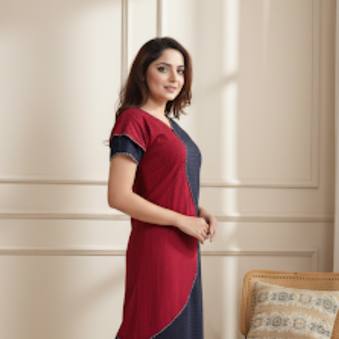 Zairra Women’s Cotton Printed Maxi Nightgown – Dual Tone Comfort in Navy & Maroon