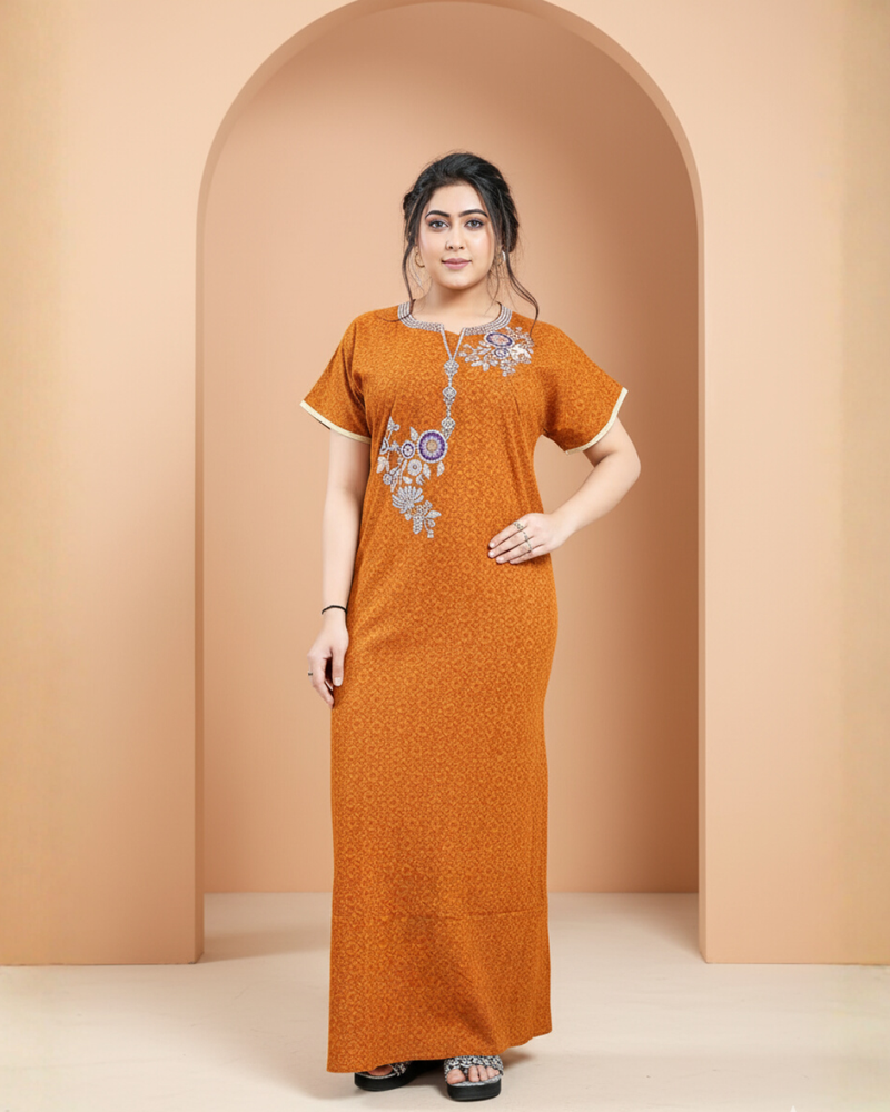 Zairra Embroidered Cotton Nightgown for Women – Rust Orange with Floral Neck Embroidery