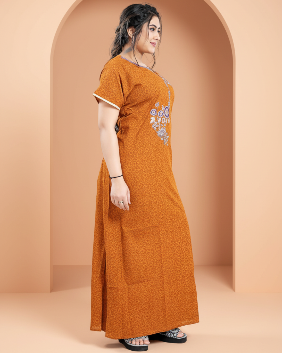 Zairra Embroidered Cotton Nightgown for Women – Rust Orange with Floral Neck Embroidery
