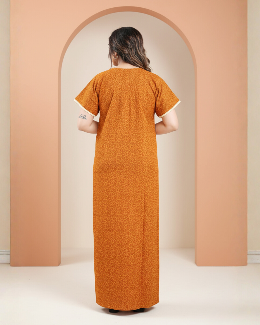 Zairra Embroidered Cotton Nightgown for Women – Rust Orange with Floral Neck Embroidery