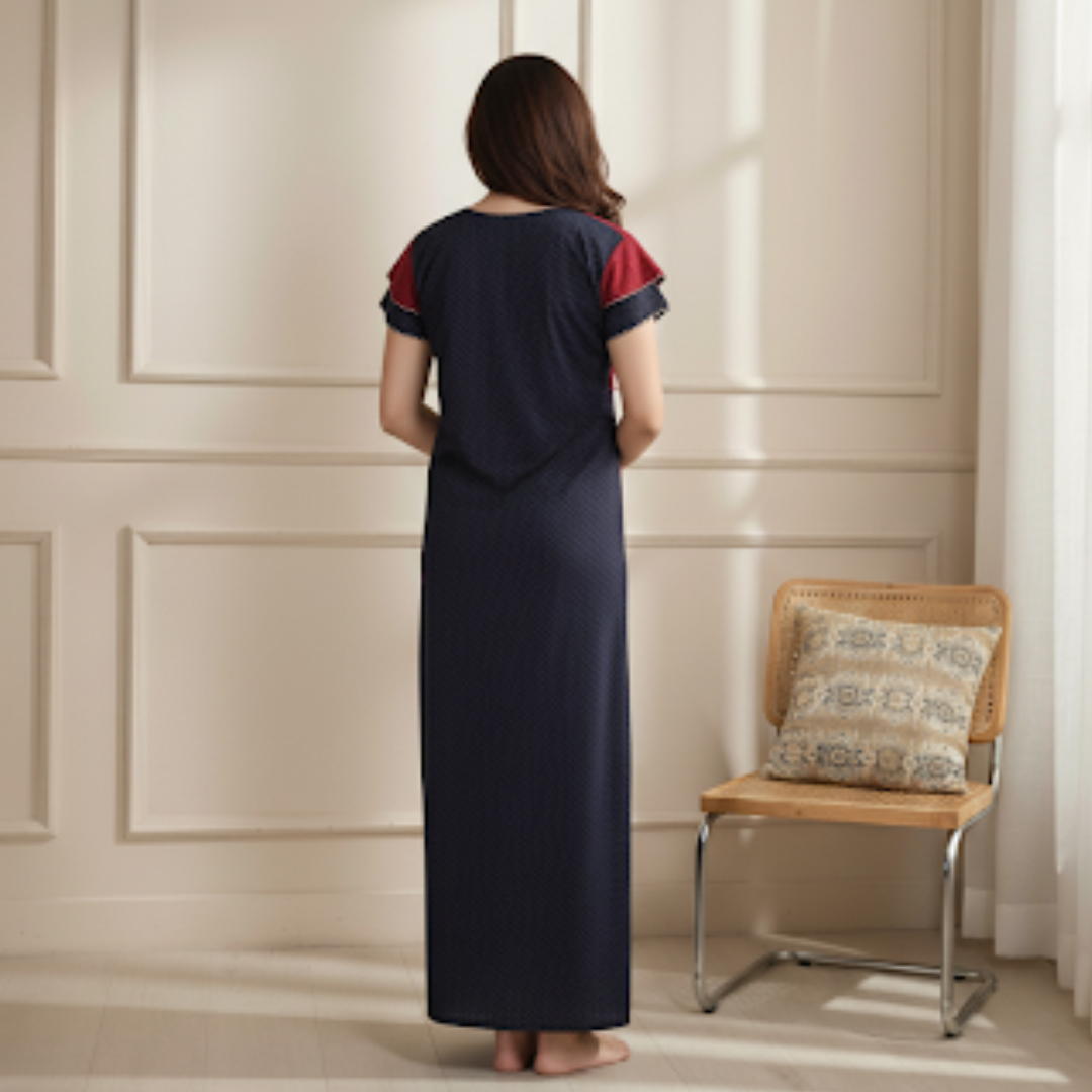 Zairra Women’s Cotton Printed Maxi Nightgown – Dual Tone Comfort in Navy & Maroon