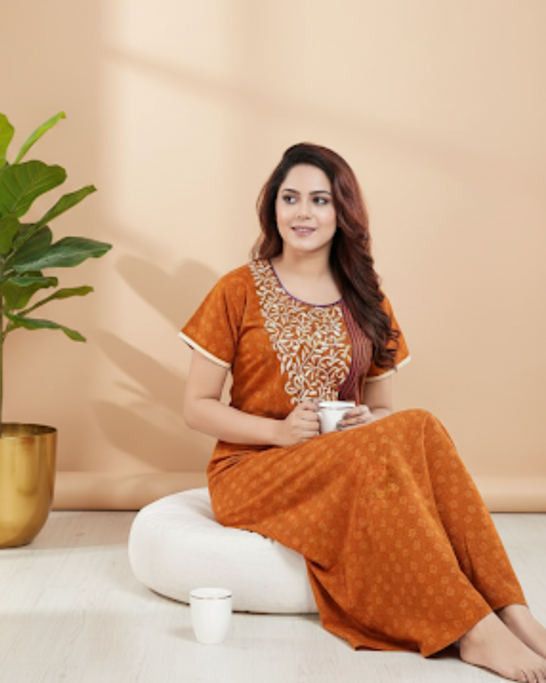 Zairra Women’s Embroidered Cotton Maxi Nightgown – Rust Orange Ethnic Charm