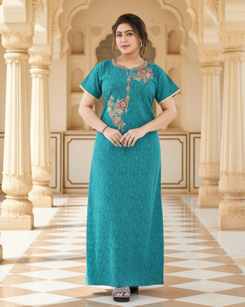 Zairra Embroidered Cotton Nightgown for Women – Teal Blue with Floral Embroidery