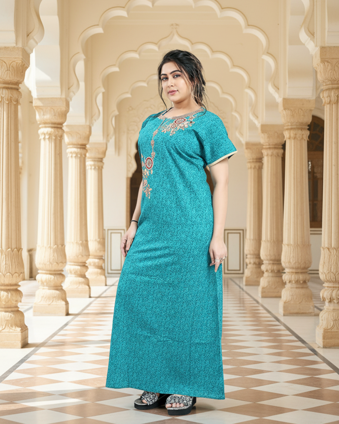Zairra Embroidered Cotton Nightgown for Women – Teal Blue with Floral Embroidery