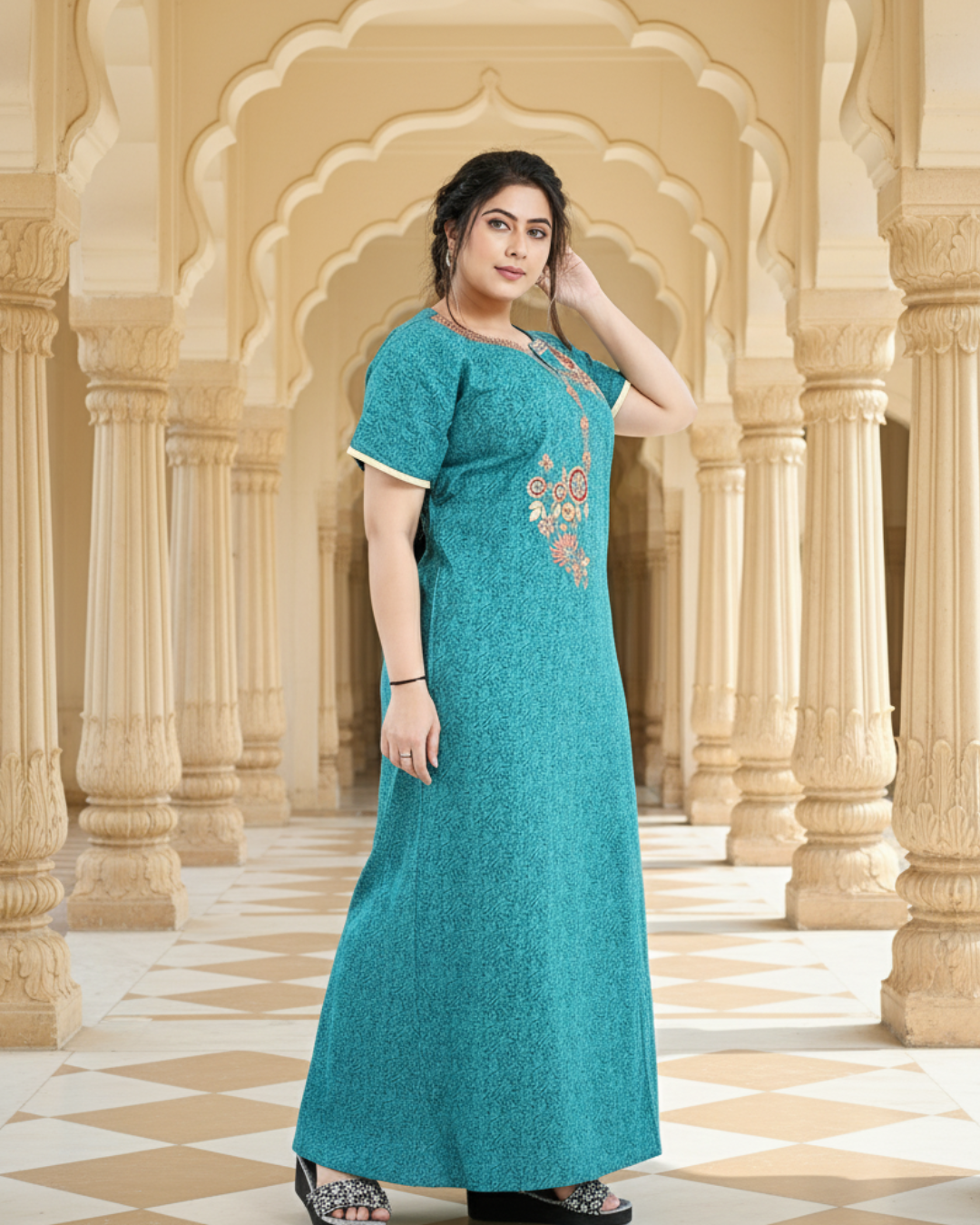 Zairra Embroidered Cotton Nightgown for Women – Teal Blue with Floral Embroidery