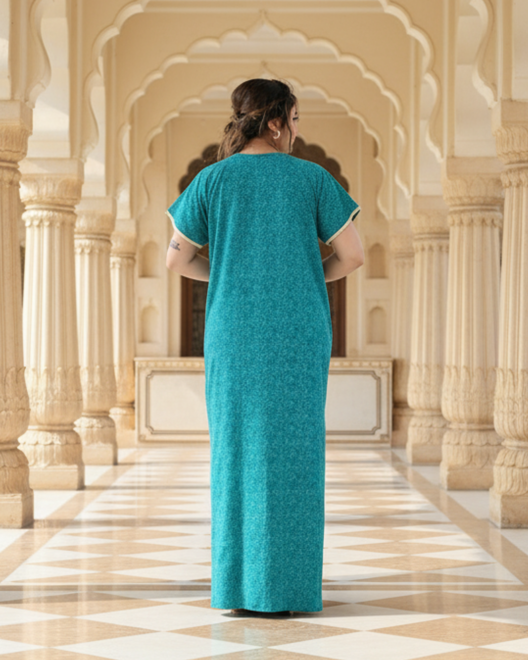 Zairra Embroidered Cotton Nightgown for Women – Teal Blue with Floral Embroidery