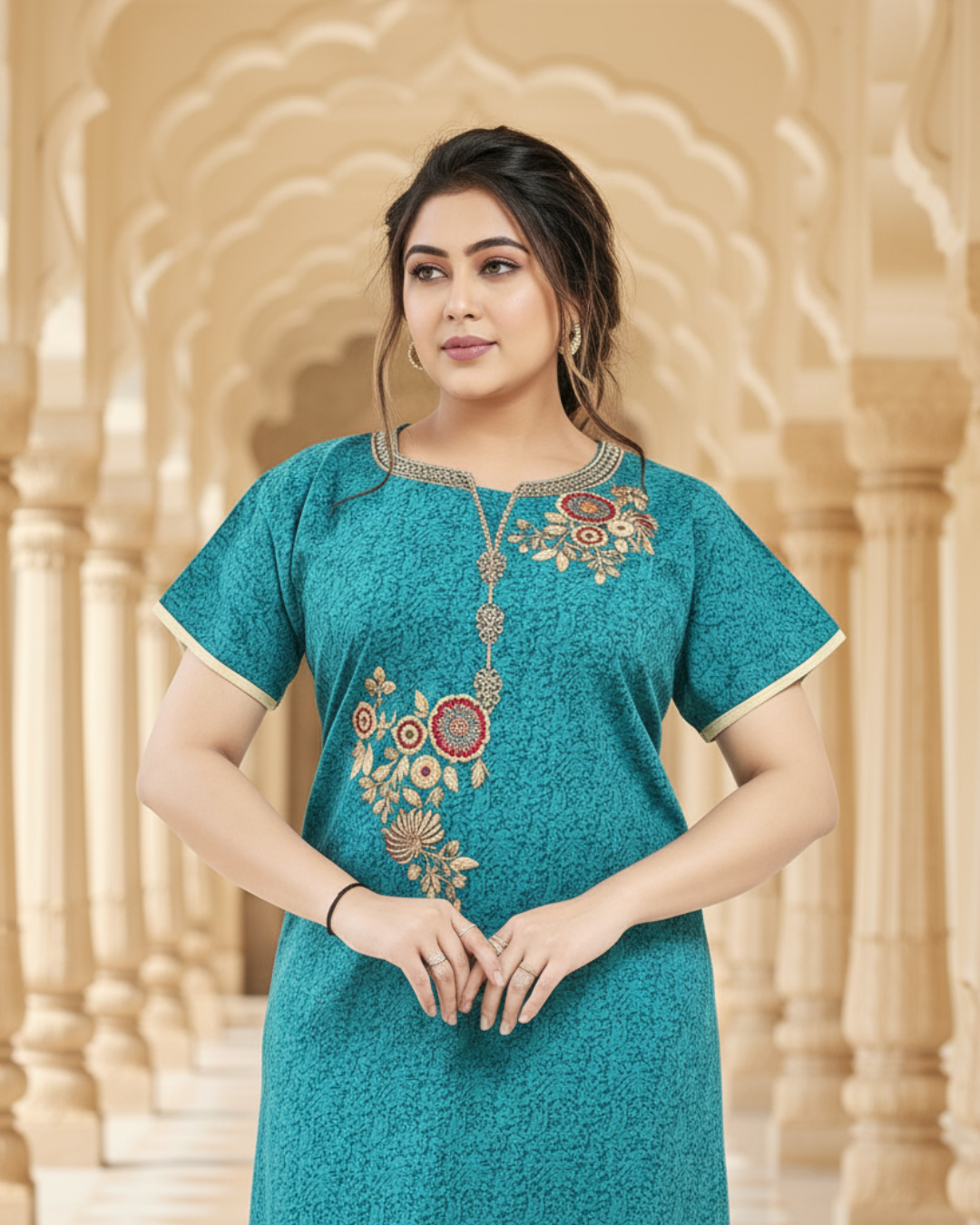Zairra Embroidered Cotton Nightgown for Women – Teal Blue with Floral Embroidery