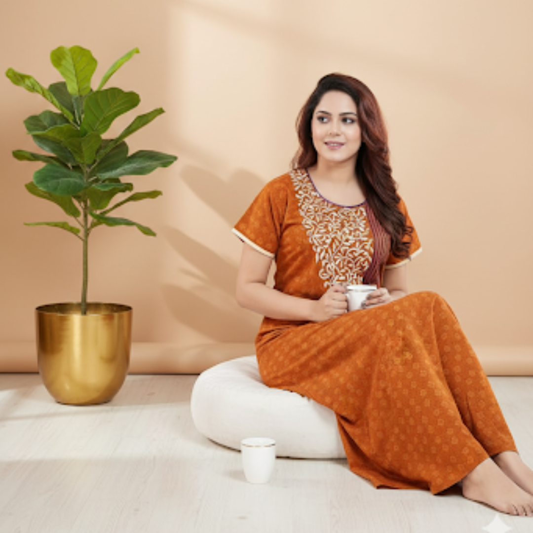 Zairra Women’s Embroidered Cotton Maxi Nightgown – Rust Orange Ethnic Charm