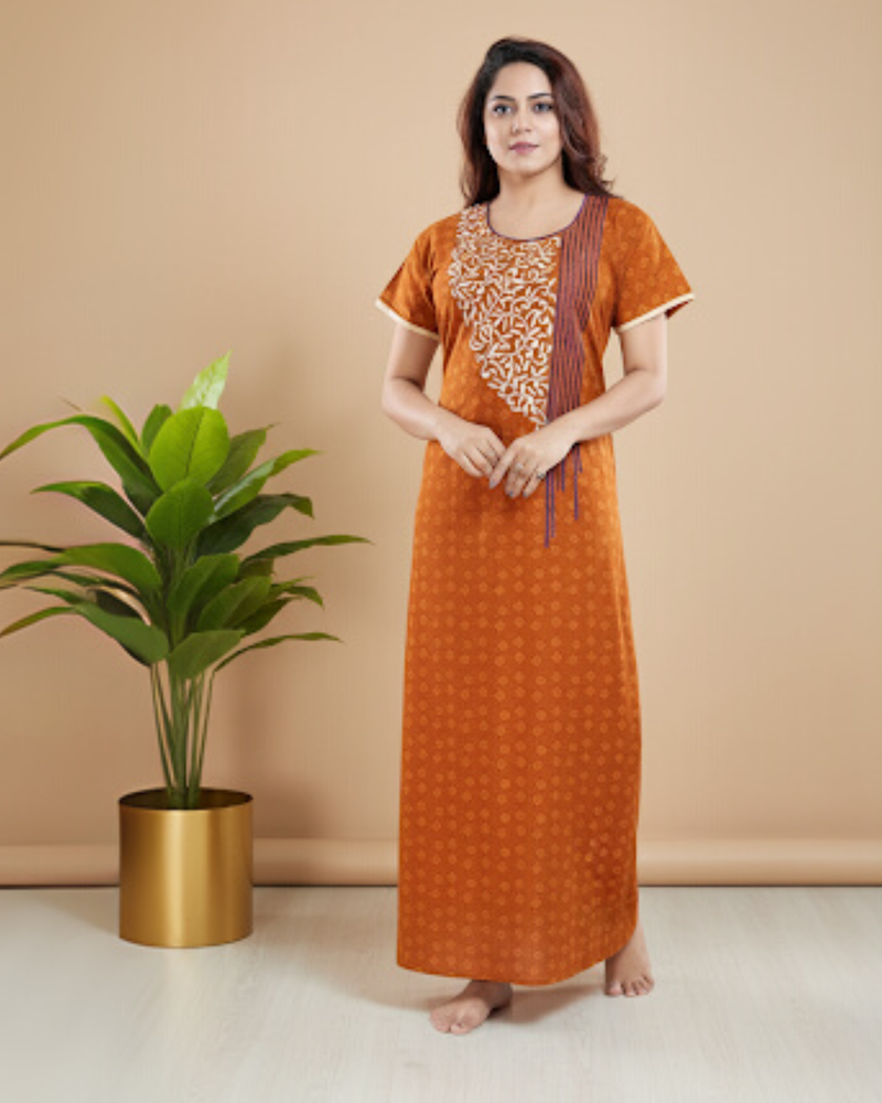 Zairra Women’s Embroidered Cotton Maxi Nightgown – Rust Orange Ethnic Charm
